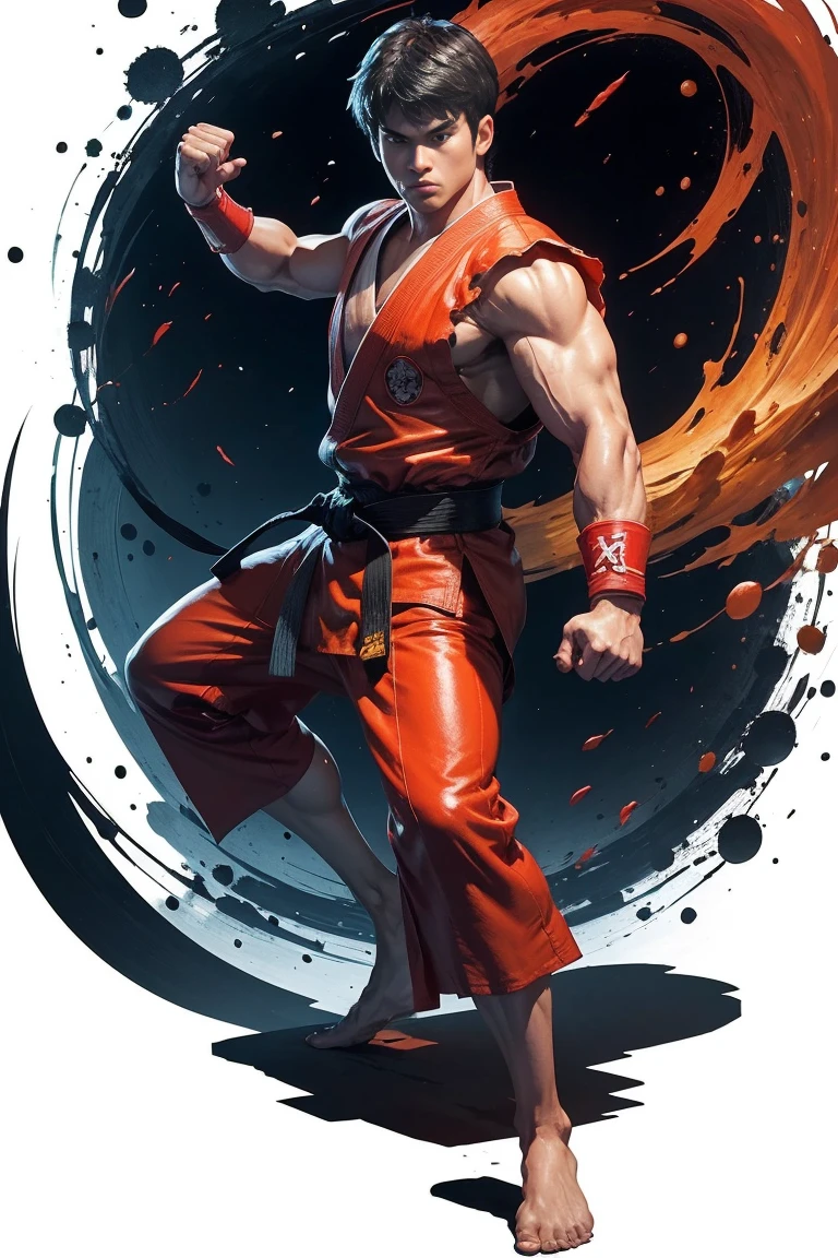 1  man ken solo、Fighting Game Fighter、street fighter , wearing complete red karate kimono black belt、Fitness Body Shape、Pose ready to fight、battle look, close up,  karate pose,  hadoken special move