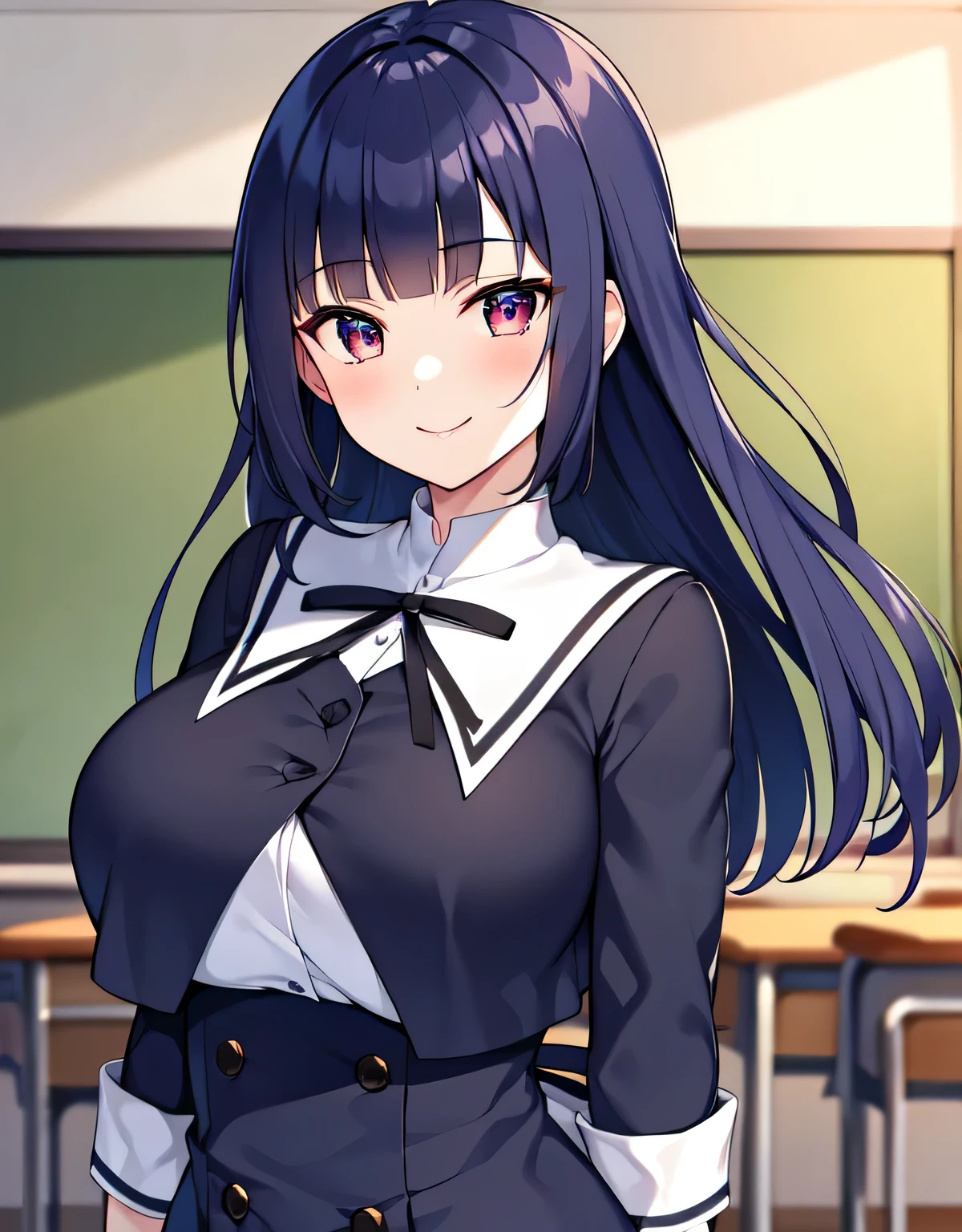 Yurigaoka Uniform,(big breasts:1.5),looking at the viewer,((masterpiece)),((highest quality)),perfect anatomy,8K UHD,highly detailed face,luster and luster,((1 girl)),((alone)),(beautiful and fine eyes:1.5),perfect image,(Upper body:1.1),(look ahead:1.1),Arms behind,slim waist,shiny hair,Are standing,super detailed,disorganized,dark blue hair,(dull bangs:1.1),red eyes,school uniform,classroom,smile,