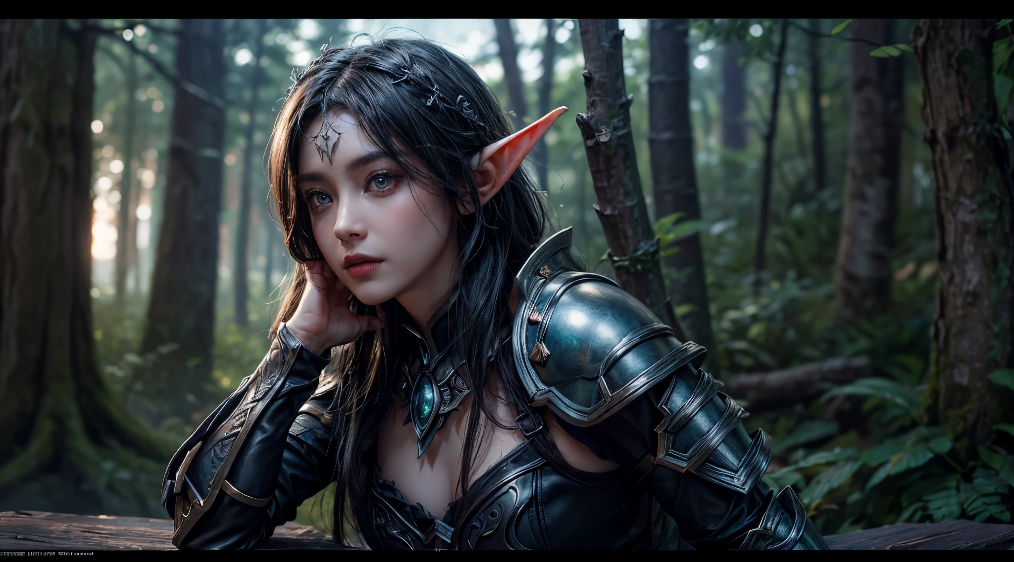 original photo, (best quality:1.3), high resolution, (masterpiece), (lifelike:1.4), Professional photography, sharp focus, high dynamic range, 8K resolution, intricate details, Exquisite details, depth of field, Extremely detailed CG unified 8k wallpaper, masterpiece,poster,best quality,official art,(Beauty and aesthetics:1.2),(masterpiece:1.3),World of Warcraft Night Elves,woman,Lightweight leather armor,Complex patterns,winter,forest,medium distance photography,(midnight),dramatic