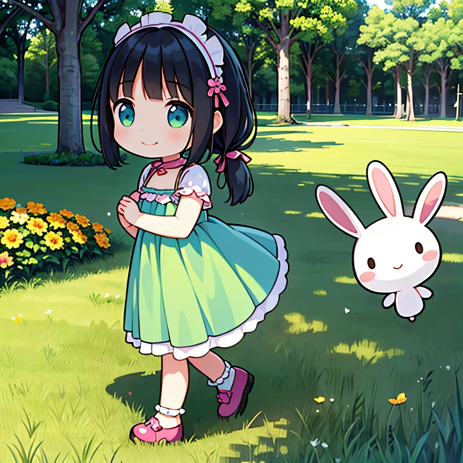 (photorealistic:1.37)、octane rendering、Morning park、Taking a walk while holding a rabbit doll、Girl has twin tail hairstyle and smiles、Bright colors、soft sunlight、beautiful flower、green grass、playful atmosphere、peaceful environment、detailed texture、Bright colors、cute shoes with accessories、He looks happy