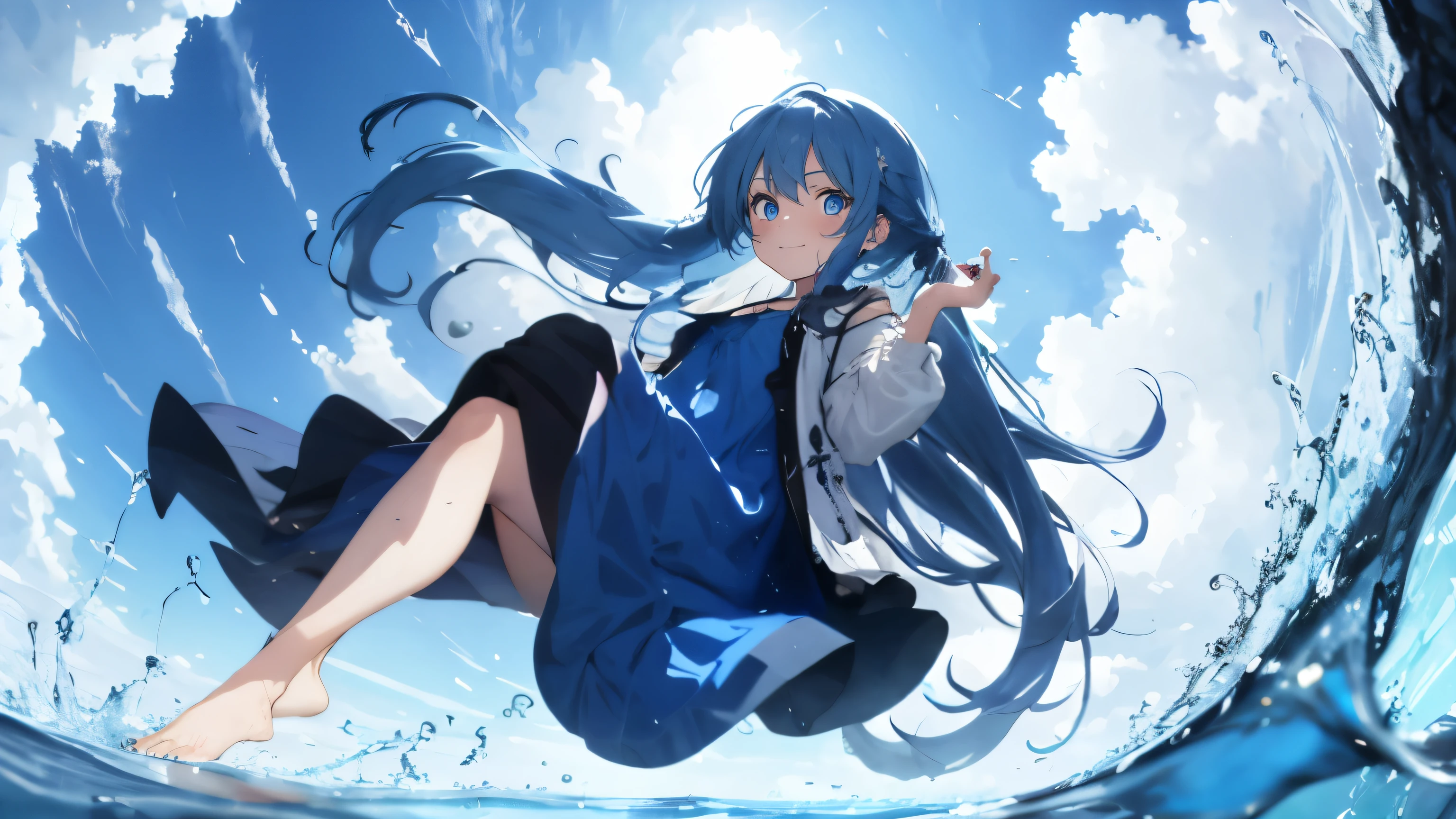 Art by Cornflower, dream-like,
(1 girl, Liquid clothes)), Liquid clothes, blue theme, 1 girl, alone, long hair, dress, barefoot, blue hair, blue eyes, blue nails, nail polish, toenail polish, cloud, foot nail, whole body, very long hair, sky print, blue dress, swimming, sleeveless, looking at the viewer, smile,) , wide camera angle