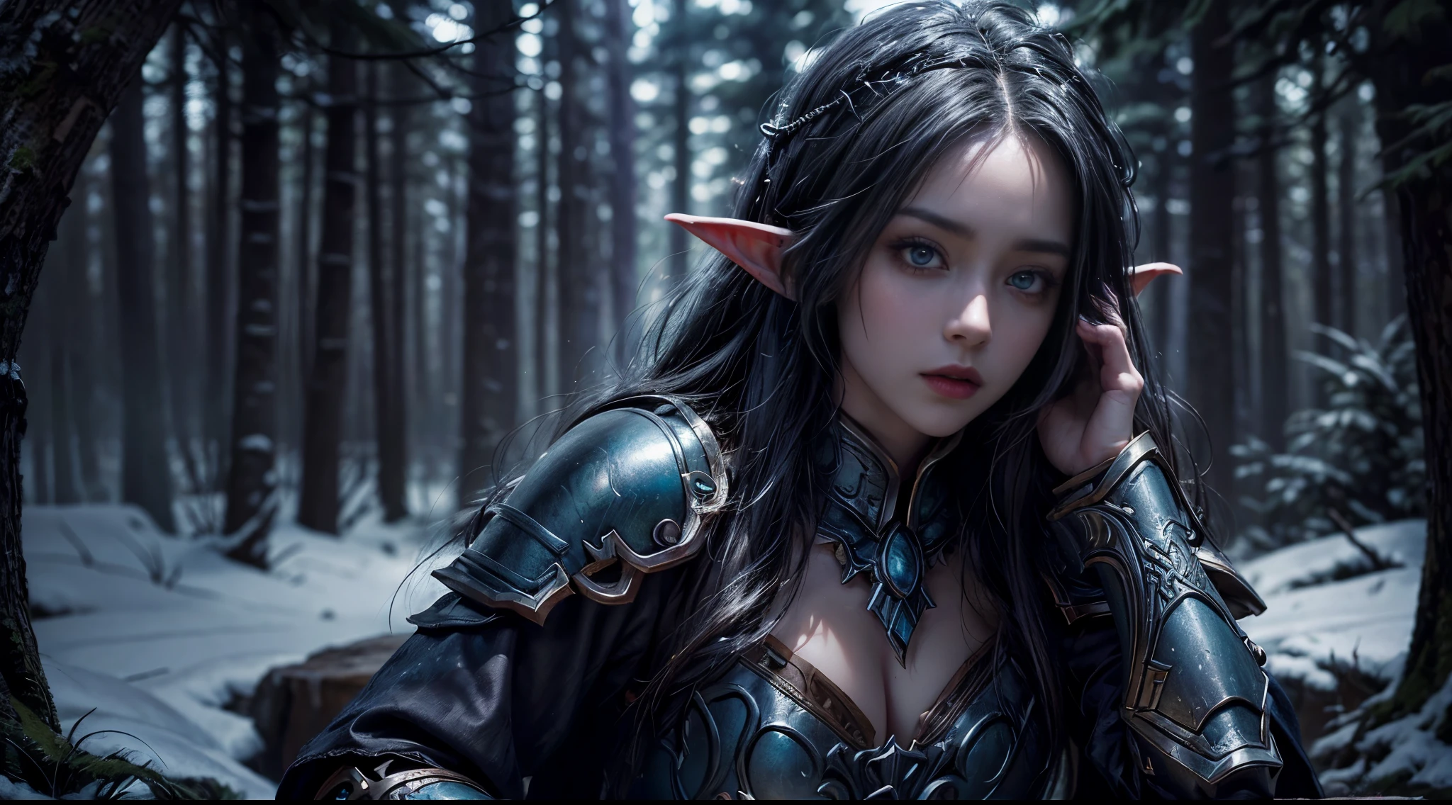 original photo, (best quality:1.3), high resolution, (masterpiece), (lifelike:1.4), Professional photography, sharp focus, high dynamic range, 8K resolution, intricate details, Exquisite details, depth of field, Extremely detailed CG unified 8k wallpaper, masterpiece，poster，best quality，official art，（Beauty and aesthetics：1.2），（masterpiece：1.3），World of Warcraft Night Elves，woman，individual，Lightweight leather armor，Complex patterns，winter，forest，medium distance photography，（midnight），dramatic，female sentinel