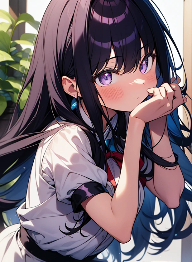 Takiinoue, Takina Inoue, long hair, bangs, black hair, (purple eyes:1.2), (small breasts:1.2), break, blush,Maid clothes, hair ornaments, cleavage, maid headd again ss, removed sleeve, ribbon, break indoors, break (masterpiece:1.2), highest quality, High resolution, unity 8k wallpaper, (figure:0.8), (beautiful and fine eyes:1.6), highly detailed face, perfect lighting, Very detailed CG, (perfect hands, perfect anatomy),