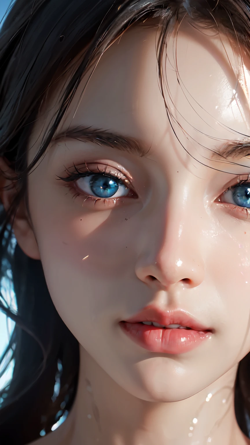 Extreme close-up，Water close-up，Epic water bending shots，Front，Winning photo，martial arts，Depth of field water splash，Beautiful Chinese woman，Scenes，Extremely expressive face，looking directly into the camera, Eye to eye, focus on face, With photorealistic eye style, Bokeh in hyper realistic illustration style, super ultra detail, Screenshot Unreal Engine, Zbrush, 3D art, Vray, Glow special, Post effects, Optical flare, Style expressive blue temperature，blond，Very long, long hair，curls，blue eyes