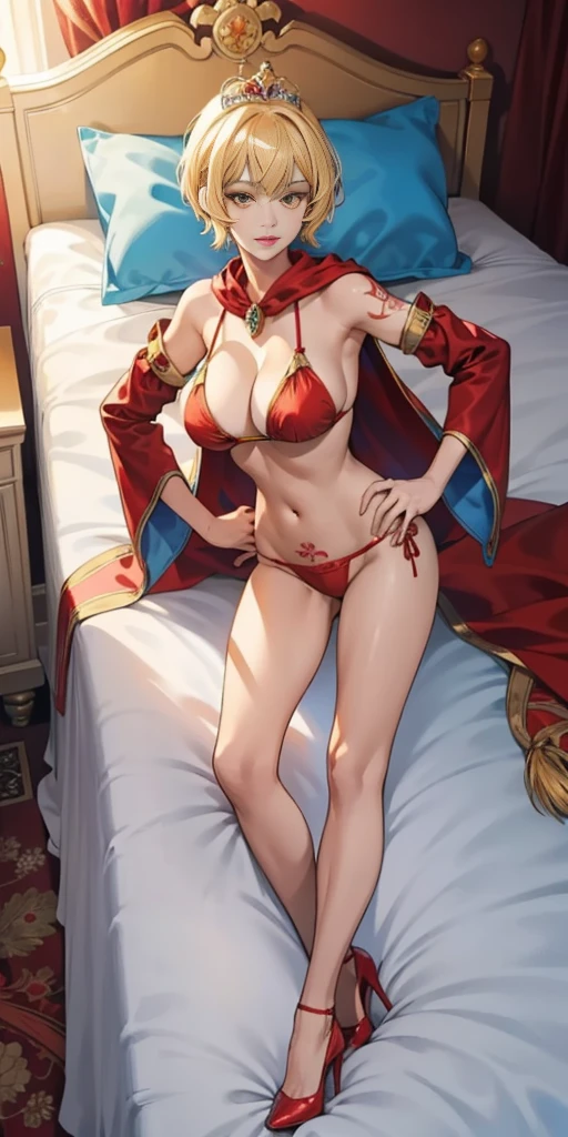 tia yellow eyes, blonde hair, short hair, blue ribbon, large breasts, detached sleeves, bedroom background, royal bedroom, tiara, laying down on bed, red cape, yellow bikini, high heels, hands on hips. red tattoo on belly, full body female milf