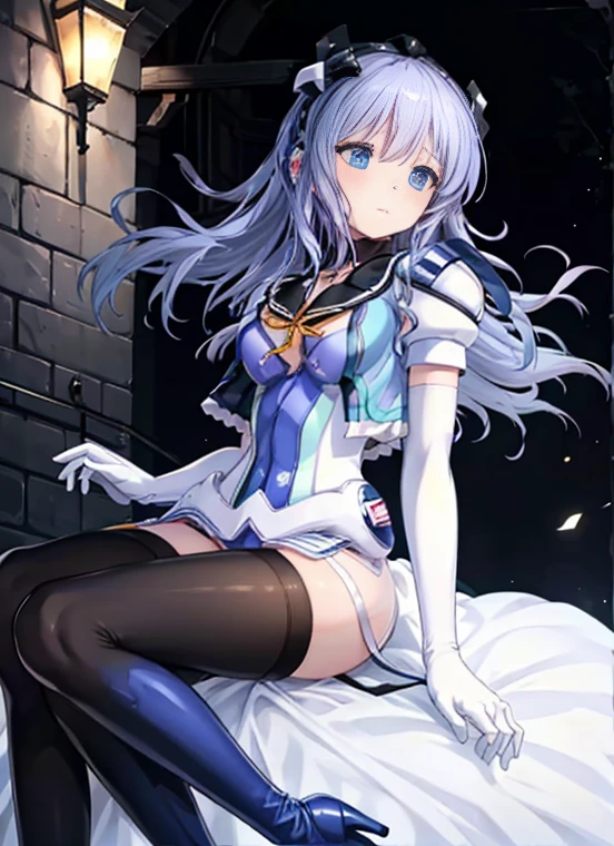 highest quality,sleep on your back in bed，Symphonic_Sugar,light blue hair,navy blue eyes,hair ornament,long hair,white long_glove,light blue short dress,black pantyhose,high heel, ,Crab crotch，show me your boots，thigh high boots，Leotard sneak peek，glove，elegant, 1 girl, cute, blushed, looking at the viewer, from below, prison，blue eyes, beautiful eyes, beautiful background, particles of light, Light of the sun, dramatic lighting, outside, shiny, realistic, highest quality, Super detailed, get used to it, scenery, beautiful and detailed eyes, thin hair，full body shot，