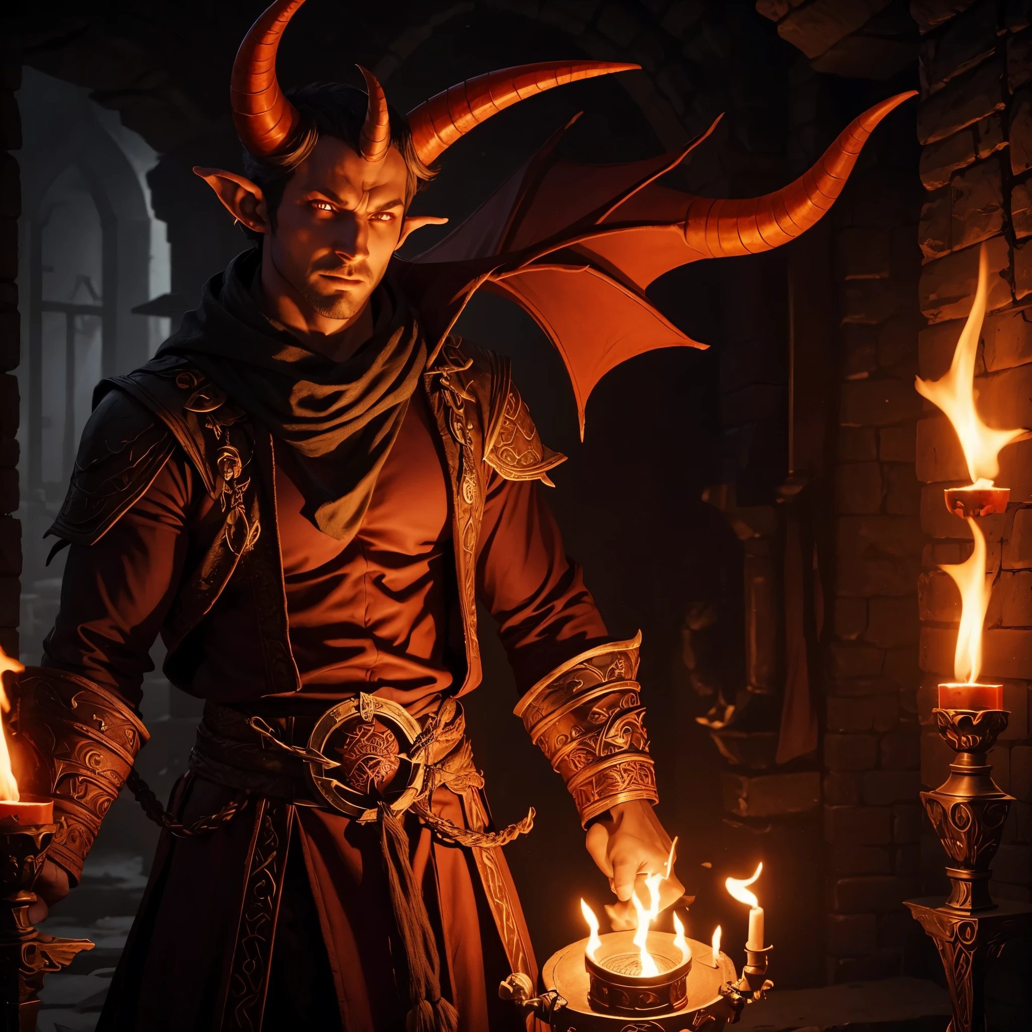 Tiefling from D&D, dungeon with torches, large horns, crimson skin, orange eyes, fully clothed, male, 32 years old, bald 