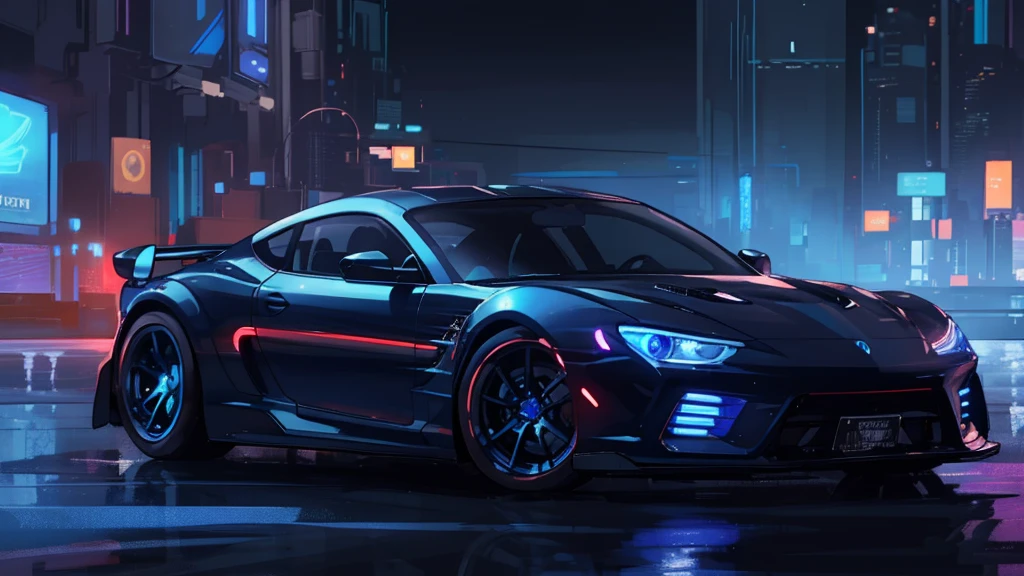 (sports car), (blue cyberpunk, night city, blue neon)