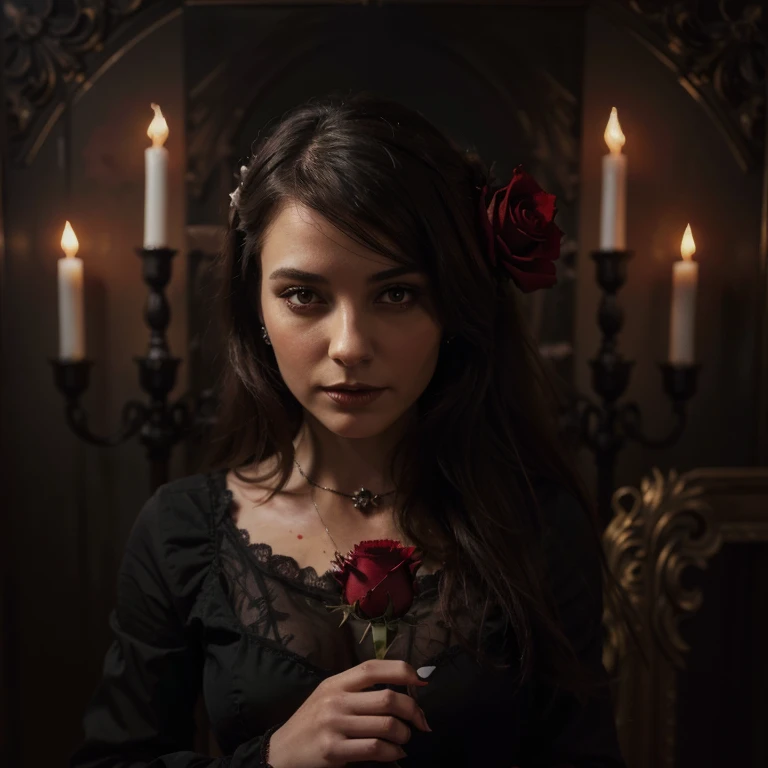 (highres, oil painting:1.2), vibrant dark, gothic style, detailed blood, small flame, fading rose petals, centered, white woman's hand holding a red rose