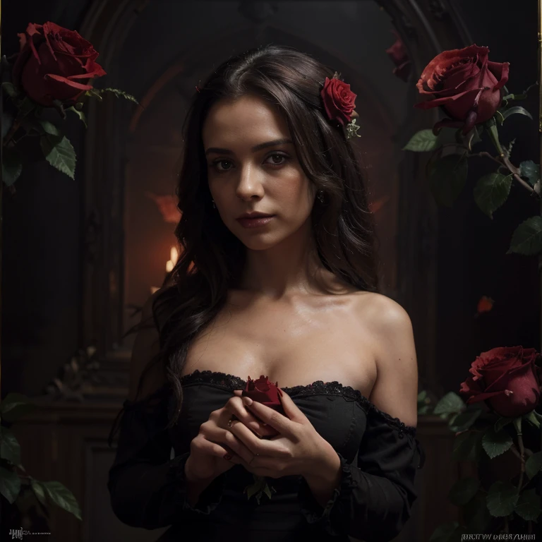 manos de mujer, centrado, holding a red rose, vestido victoriano, elegante, rostro perfecto, mujer hermosa,blood in the face,iluminacion equilibrada, dark vibrant, oil painting, foco principal en las manos, red dominant, gothic style, cross necklace, vampire, more blood