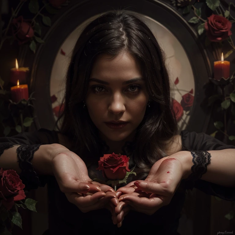 (high resolution, oil painting:1.2), oscuro vibrante, Gothic style, sangre detallada, little flame, fading rose petals, centrado, La mano de una mujer blanca sosteniendo una rosa roja.