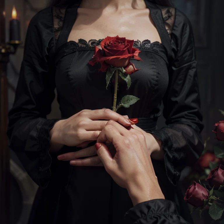(highres, oil painting:1.2), vibrant dark, gothic style, detailed blood, small flame, fading rose petals, centered, white woman's hand holding a red rose