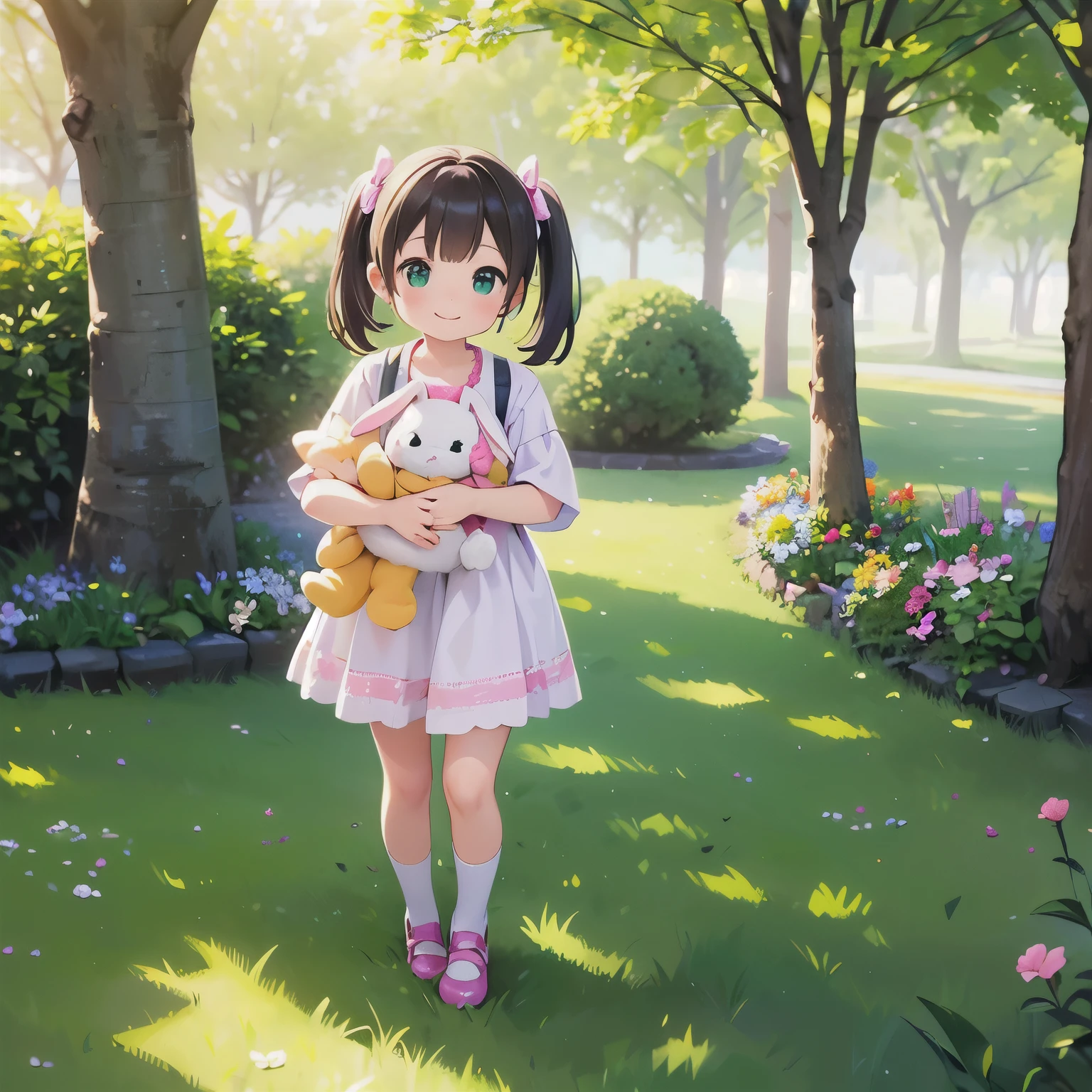 (photorealistic:1.37)、octane rendering、Morning park、Taking a walk while holding a rabbit doll、Girl has twin tail hairstyle and smiles、Bright colors、soft sunlight、beautiful flower、green grass、playful atmosphere、peaceful environment、detailed texture、Bright colors、cute shoes with accessories、He looks happy