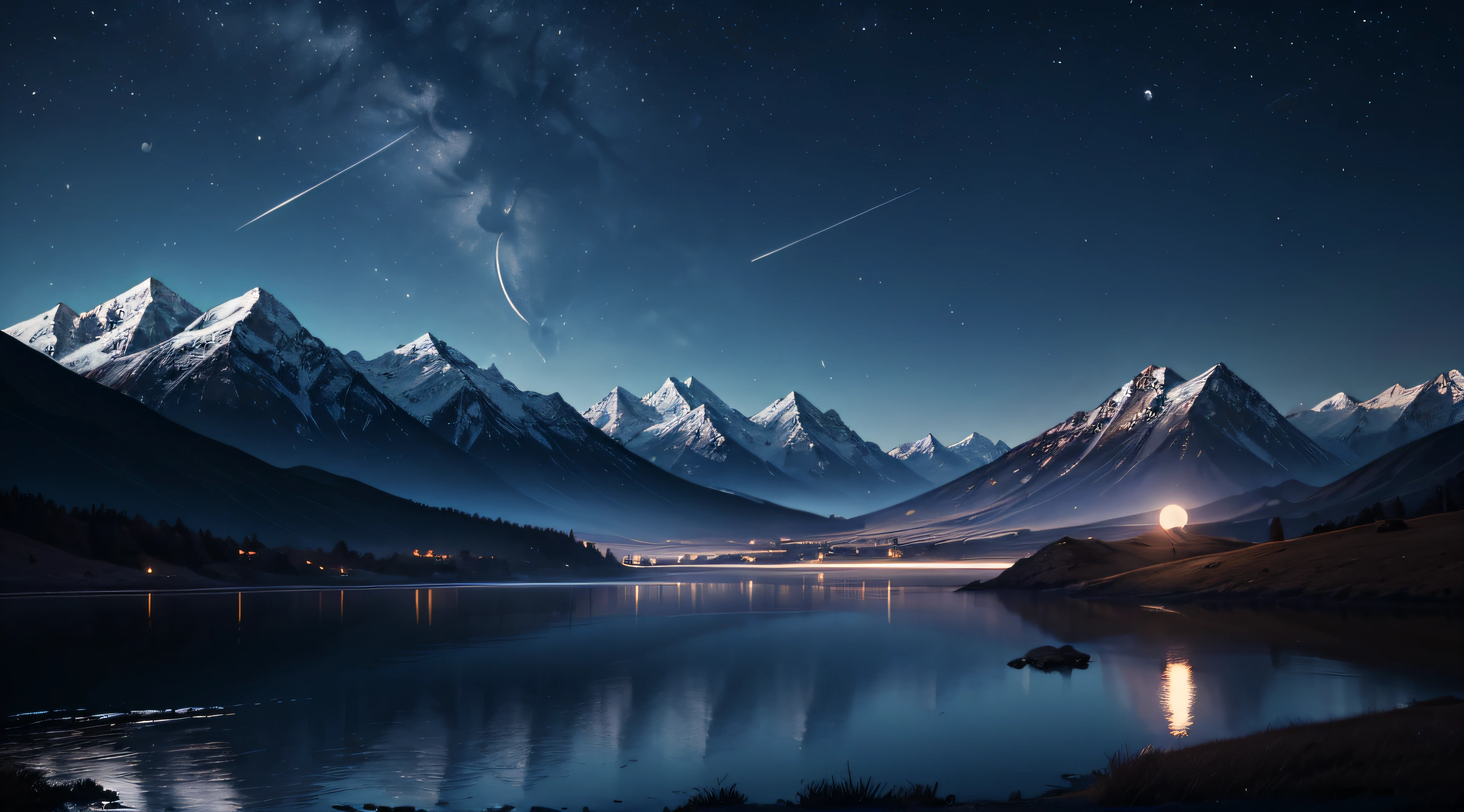 (paisagem brilhante,luar,Montanhas distantes,quieto,escuro,alta qualidade,realista,Claro,High definition,8k)