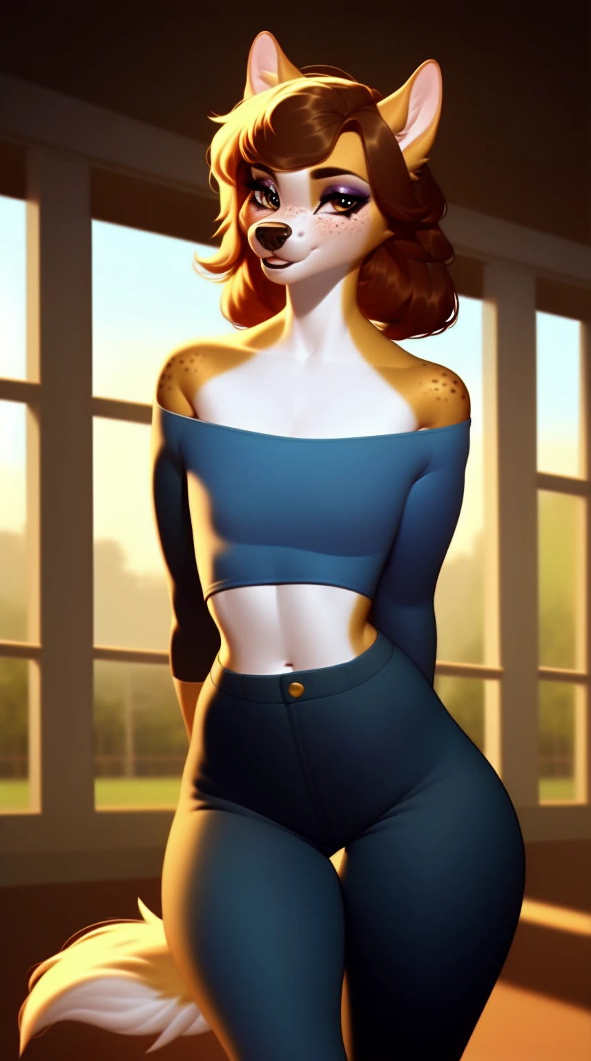 (score_9), (source_ derpibooru_p_95), (canine), ((anthro domestic dog :1.1)), (shoulderless top, yoga pants), blushing, solo, realistic hair, bangs, anatomically correct, flat chest, hourglass figure, high res, pink bottom lip, extremely detailed, absolutely stunning, freckles, makeup, thunder thighs, banquet hall, arms behind back, 