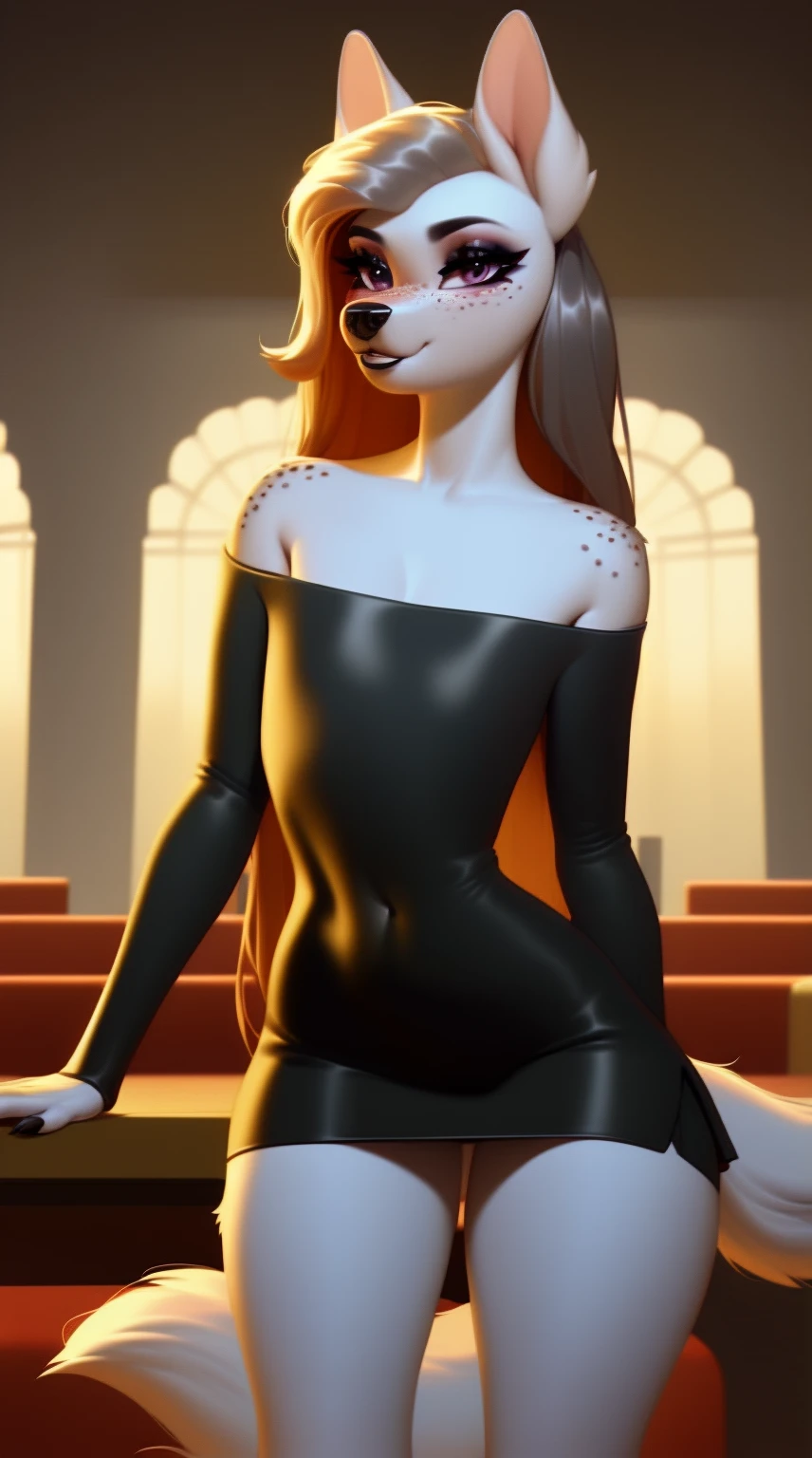 (score_9), (source_ derpibooru_p_95), (canine), ((anthro domestic dog :1.1)), (shoulderless top, short skirt), blushing, solo, realistic long hair, bangs, anatomically correct, flat chest, hourglass figure, high res, pink bottom lip, extremely detailed, absolutely stunning, freckles, skinny waist, makeup, thunder thighs, banquet hall,
