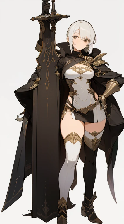 (((Best Quality))) , ((full body)), female, reference sheet, solo, ((white background)), holding sword, gauntlets, thigh high, side slit microskirt, fantasy clothe, loin clothe, (((standing)))