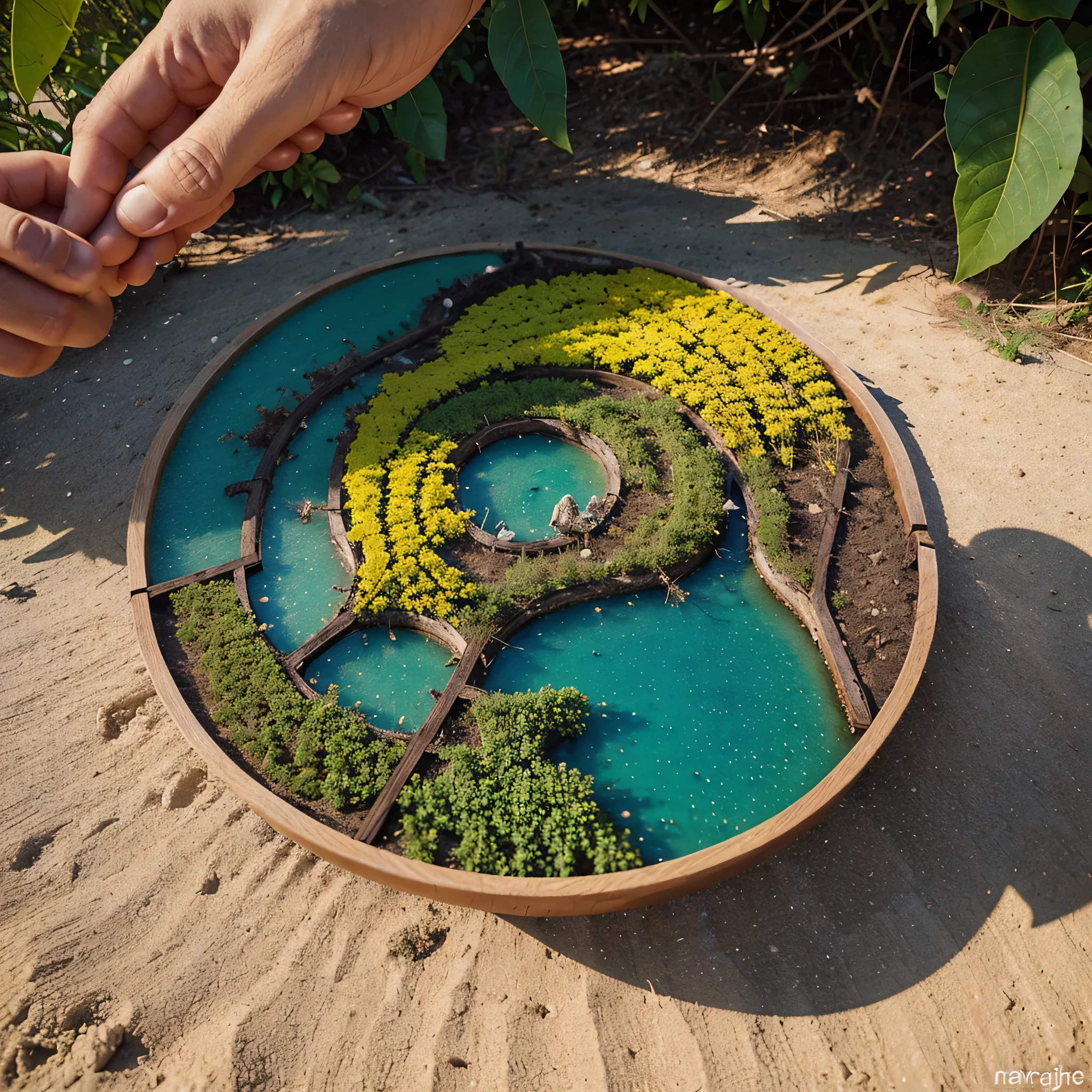 Imagine um logotipo circular que representa um horizonte natural diversificado, estilizado, com montanhas suaves, arborizadas e talvez um pequeno riacho. Utilize uma paleta de cores vibrantes e naturais para transmitir a vitalidade das paisagens. Inclui sutis pinceladas para destacar a ideia de pintura. O texto "Pinturas Vivas da Natureza" pode ser incorporado de forma elegante, perhaps in a calligraphic font to add an artistic touch.
