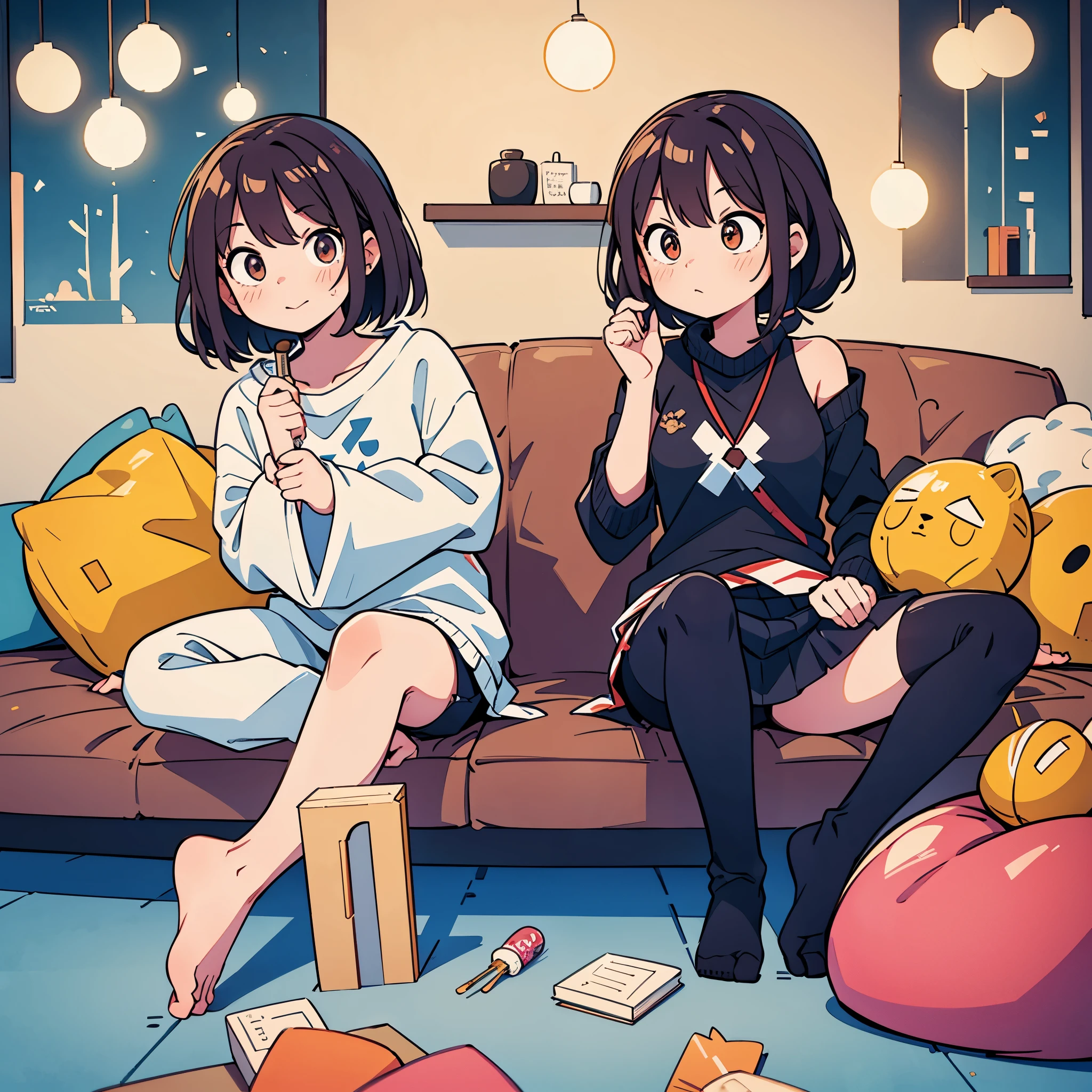 "Illustrate a cozy scene featuring a young girl in a relaxed setting. She is sitting by a wood stove (薪ストーブ) with a Yogibo bean bag, enjoying bread (パン) while watching TV or YouTube. Emphasize the warmth of the fire, the comfort of the Yogibo, and the 's delight in her surroundings. Convey a sense of relaxation and family bonding in this harmonious atmosphere. Generate a high-quality image that captures the essence of a carefree and enjoyable moment with a young girl, combining elements of comfort, entertainment, and family togetherness.