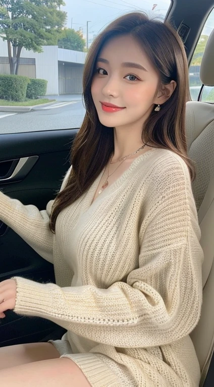 ((Best Quality, 8k, Masterpiece:1.3)), Focus:1.2, Perfect Body Beauty:1.4, Buttocks:1.2, ((Delicate Hair)), (Sweater Dress:1.1) , (Sports car, street: 1.2), Highly detailed face and skin texture, Detailed eyes, Double eyelids, whitening skin, Big breasts, smile, wearing necklaces, rings, people sitting in cars with their buttocks up,