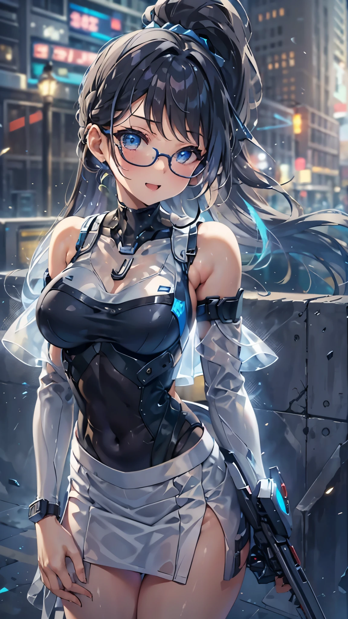 woman,,,city,night,(((white and blue tight miniskirt bodysuit))),,open mouth smile((See-through))glasses,((beautiful long ponytail)),((Baby girl bohape))