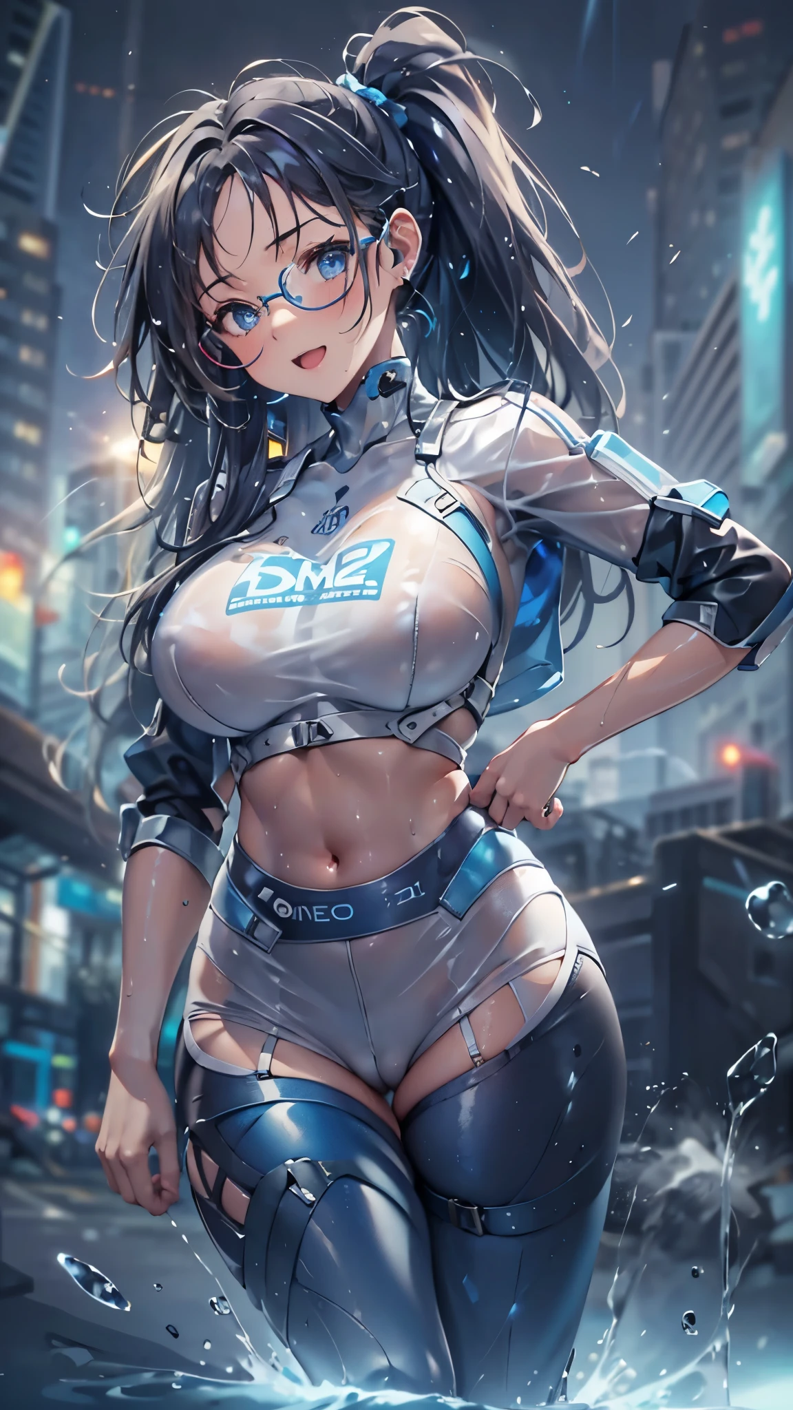 woman,,,city,night,(((white and blue tight miniskirt bodysuit))),(wet with sweat),open mouth smile((See-through))glasses,((beautiful long ponytail)),((Baby girl bo)