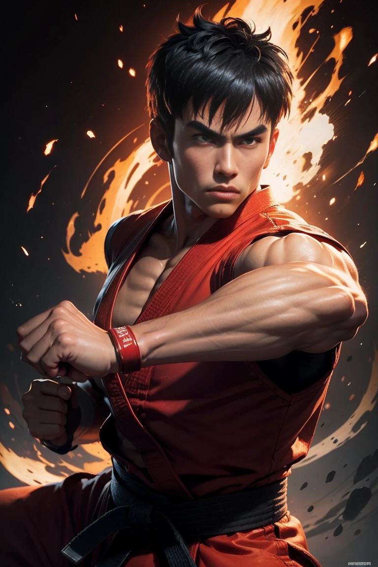 1  man ken solo、Fighting Game Fighter、street fighter , wearing complete red karate kimono black belt、Fitness Body Shape、Pose ready to fight、battle look, close up,  karate pose,  hadoken special move