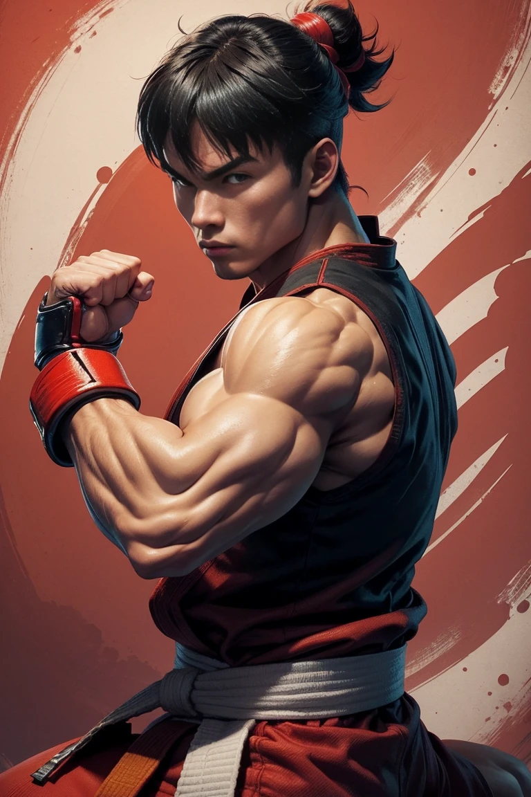 1  man ken solo、Fighting Game Fighter、street fighter , wearing complete red karate kimono black belt、Fitness Body Shape、Pose ready to fight、battle look, close up,  karate pose,  hadoken special move