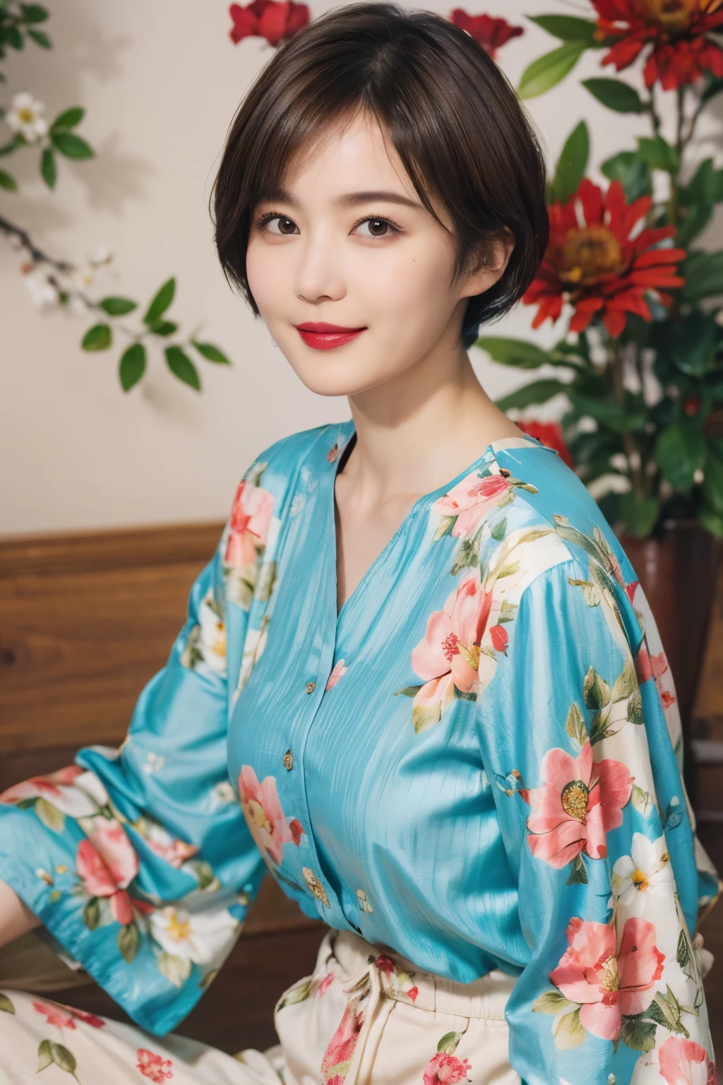 149
(20 year old woman,floral print outfit,pants), (Super realistic), (high resolution), ((beautiful hairstyle 46)), ((short hair:1.46)), (gentle smile), (brest:1.1), (lipstick)
