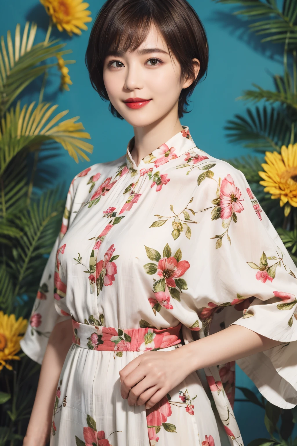 149
(20 year old woman,floral print outfit,pants), (Super realistic), (high resolution), ((beautiful hairstyle 46)), ((short hair:1.46)), (gentle smile), (brest:1.1), (lipstick)
