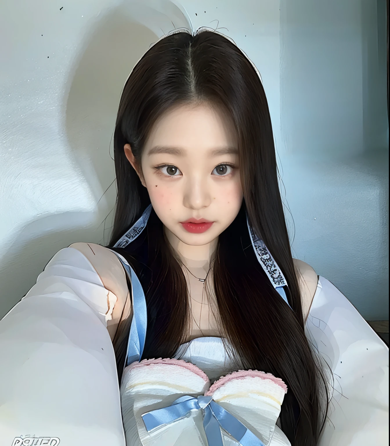a Korean girl very white skin, jang wonyoung, soft freckles, blue grey eyes, pastel colors yellow blue and pink t-shirt, ribbons, black long straight hair, wonyoung, realistic, realistic black hair, realistic photo, half body picture selfie