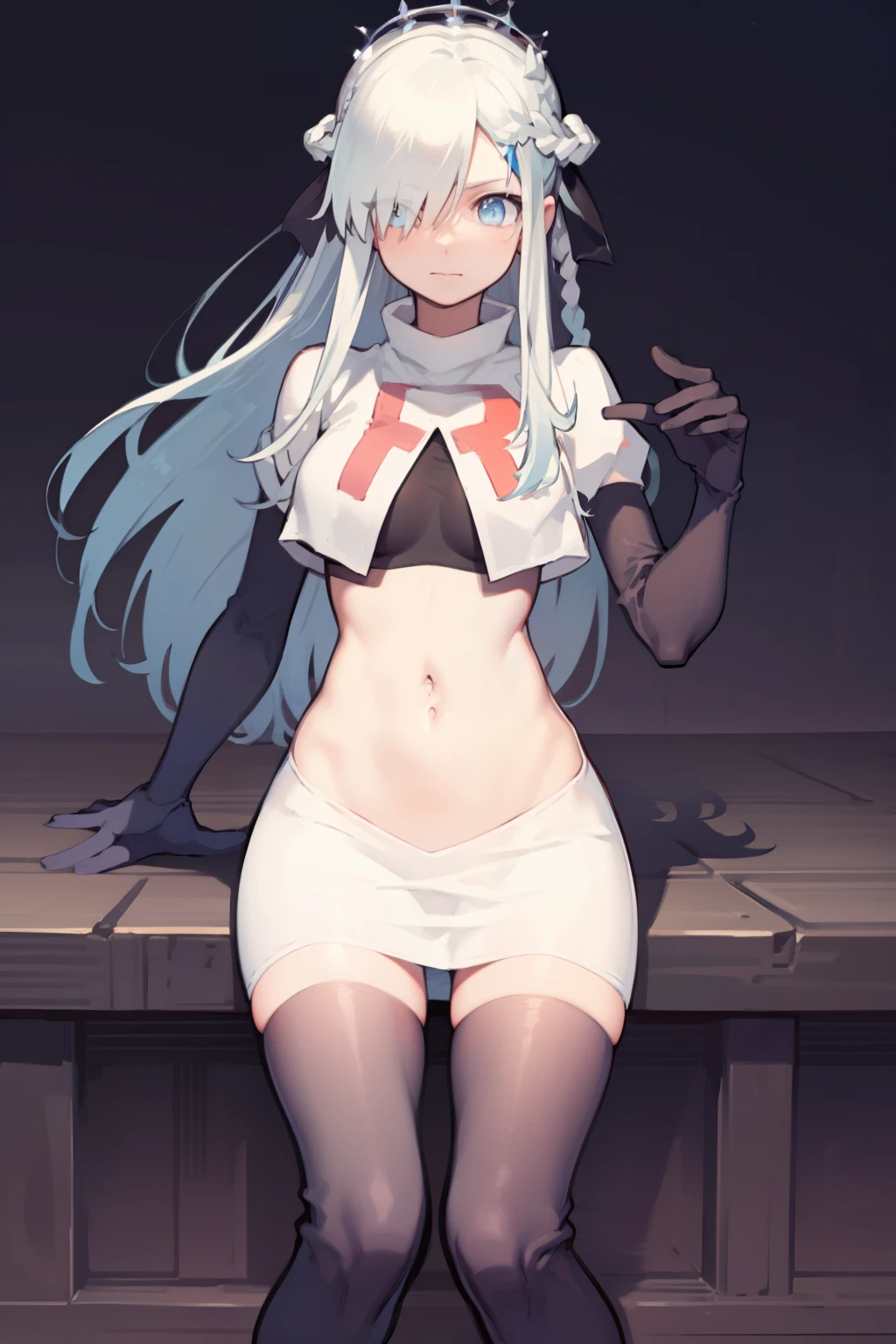 morganlefay, morgan le fay, black bow, bow, light blue hair, blue eyes, hair bow, hair ornament, long hair, ribbon,
BREAK braid, crown, navel, team rocket,team rocket uniform,white skirt,red letter R,crop top,black thigh-highs,black elbow gloves
BREAK looking at viewer,
BREAK (masterpiece:1.2), best quality, high resolution, unity 8k wallpaper, (illustration:0.8), (beautiful detailed eyes:1.6), extremely detailed face, perfect lighting, extremely detailed CG, (perfect hands, perfect anatomy),