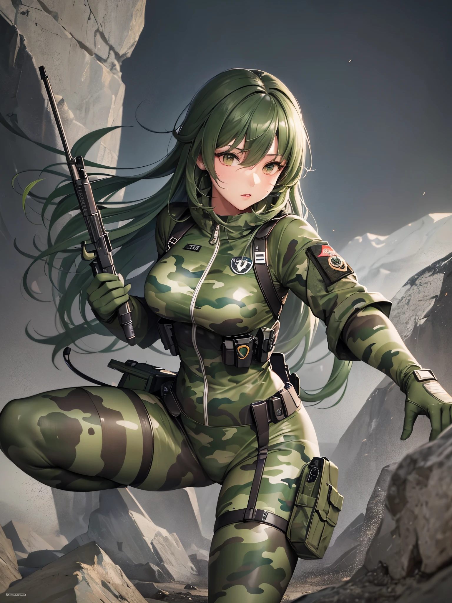 ((highest quality)),(ultra high resolution),(Super detailed),(detailed description),((best CG)),(best work of art),super precision art,great drawing art,(Art with precise details:1.5), (one female commando:1.5),beautiful and well-shaped face:1.5,(camouflage combat suit:1.6),(protector:1.5),In combat:1.6,dynamic pose:1.6,