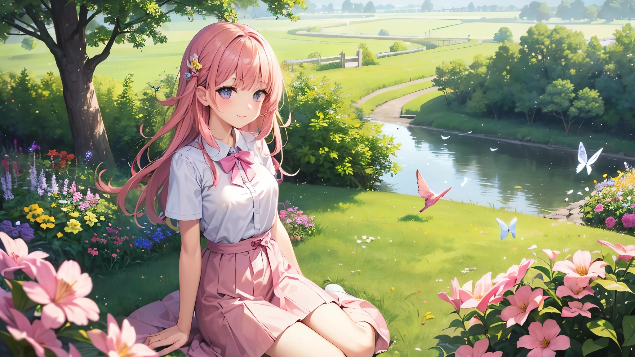 (highest quality、1.2、masterpiece:1.2)、Super detailed、real、HDR、UHD、professional、Portrait、fine art、anime、concept artist、colorful、(Upper grades of elementary school)、bob haircut、medium long hair、pink hair、sweet smile、((nipple))、beauty of nature、Surrounded by wildflowers in a meadow、enjoying the warm sunshine、A breeze rustling the air、adorable hair accessories、white shirt、pink skirt、playful atmosphere、Butterflies and birds fluttering around her、add a little whimsy