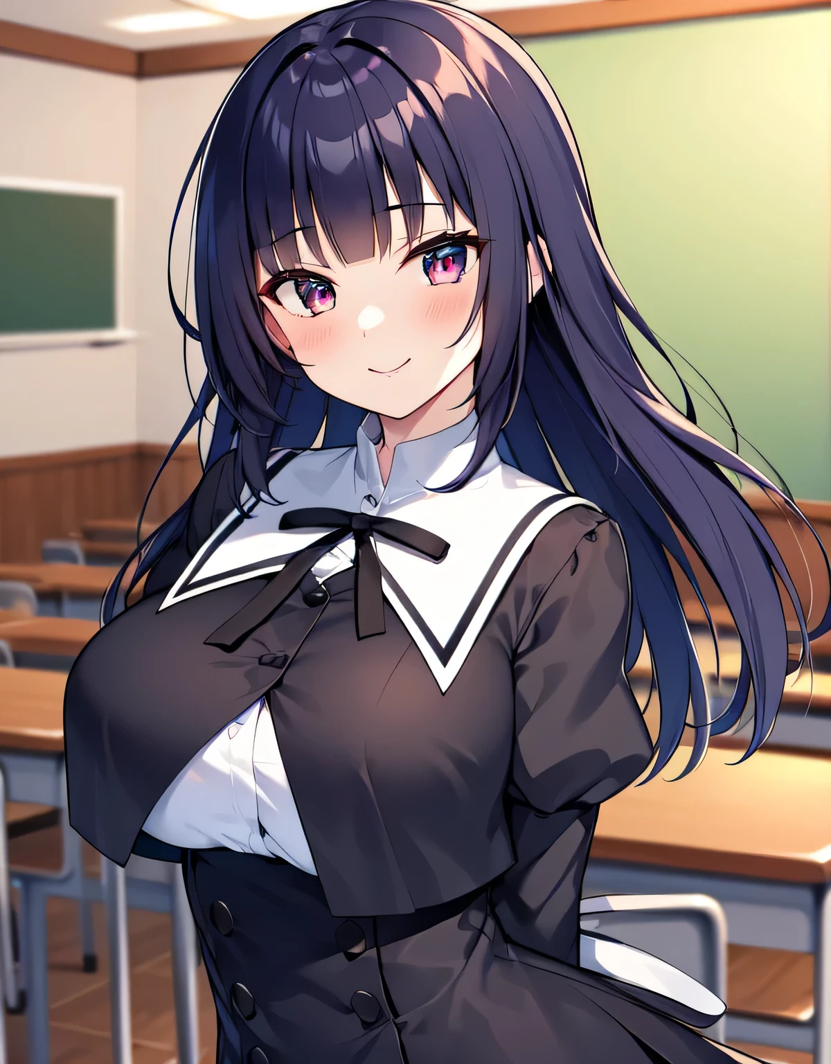 Yurigaoka Uniform,(big breasts:1.5),looking at the viewer,((masterpiece)),((highest quality)),perfect anatomy,8K UHD,highly detailed face,luster and luster,((1 girl)),((alone)),(beautiful and fine eyes:1.5),perfect image,(Upper body:1.1),(look ahead:1.1),Arms behind,slim waist,shiny hair,Are standing,super detailed,disorganized,dark blue hair,(dull bangs:1.1),red eyes,school uniform,classroom,smile,