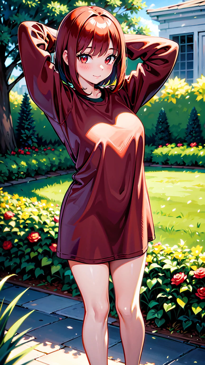 Masterpiece, stunning realistic, best quality, Sharpness, 1 girl, big ,red hair,straight hair,bobcut,red eyes,standing in a beatiful garden with an sea,big ,blush in face,red face, cute smile,closed mouth,arms behind head,Küchenschürze