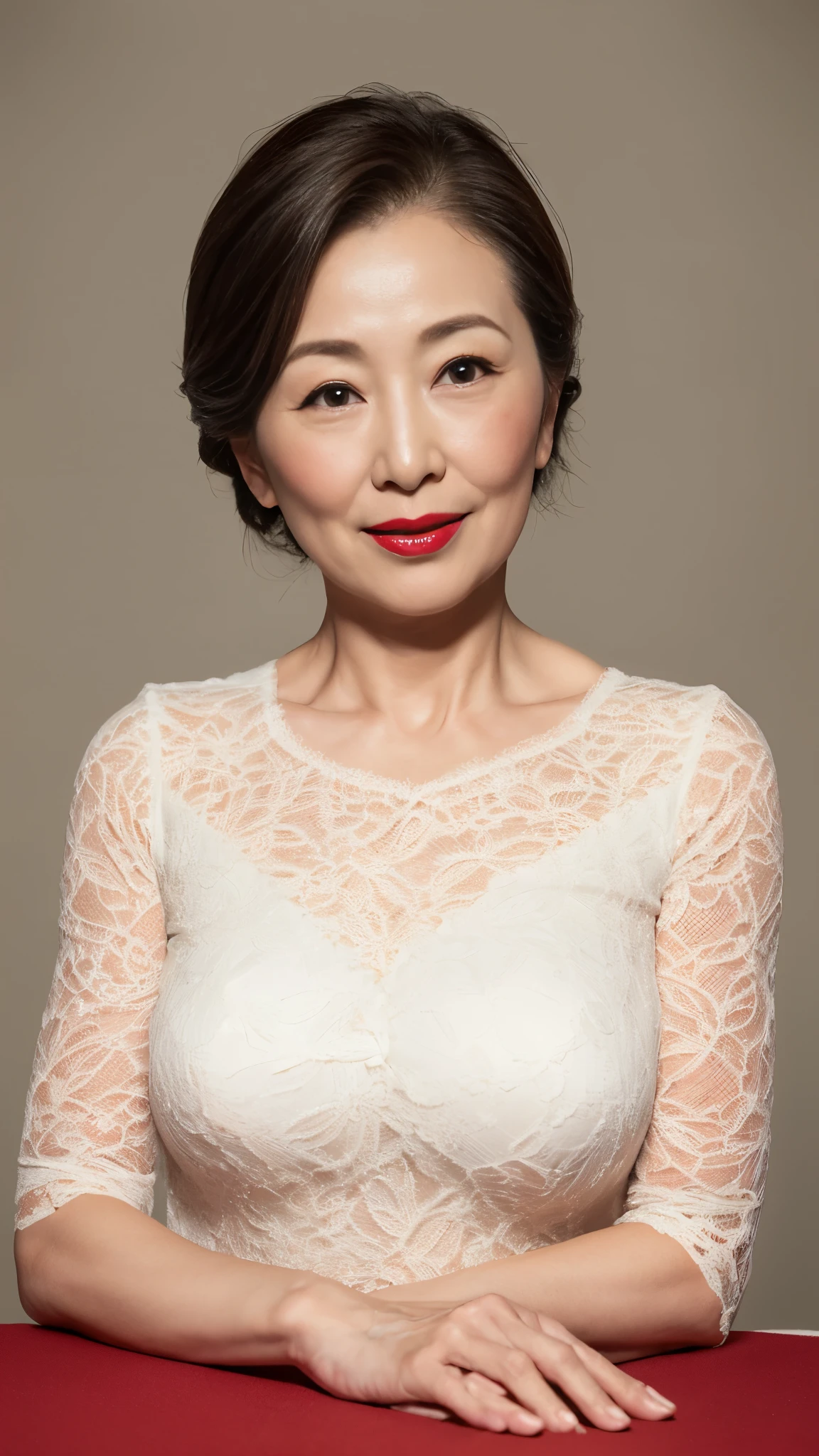 poster for, gravure, from the chest up, masutepiece, Best Quality, Ultra-detailed, Photorealistic, super detailed skin, Perfect Anatomy, (1 japanese mature woman), (Solo), 90 years old, Large breasts, Mature Woman Politician, glamor, A sexy, Chromo-white skin, Looking at Viewer