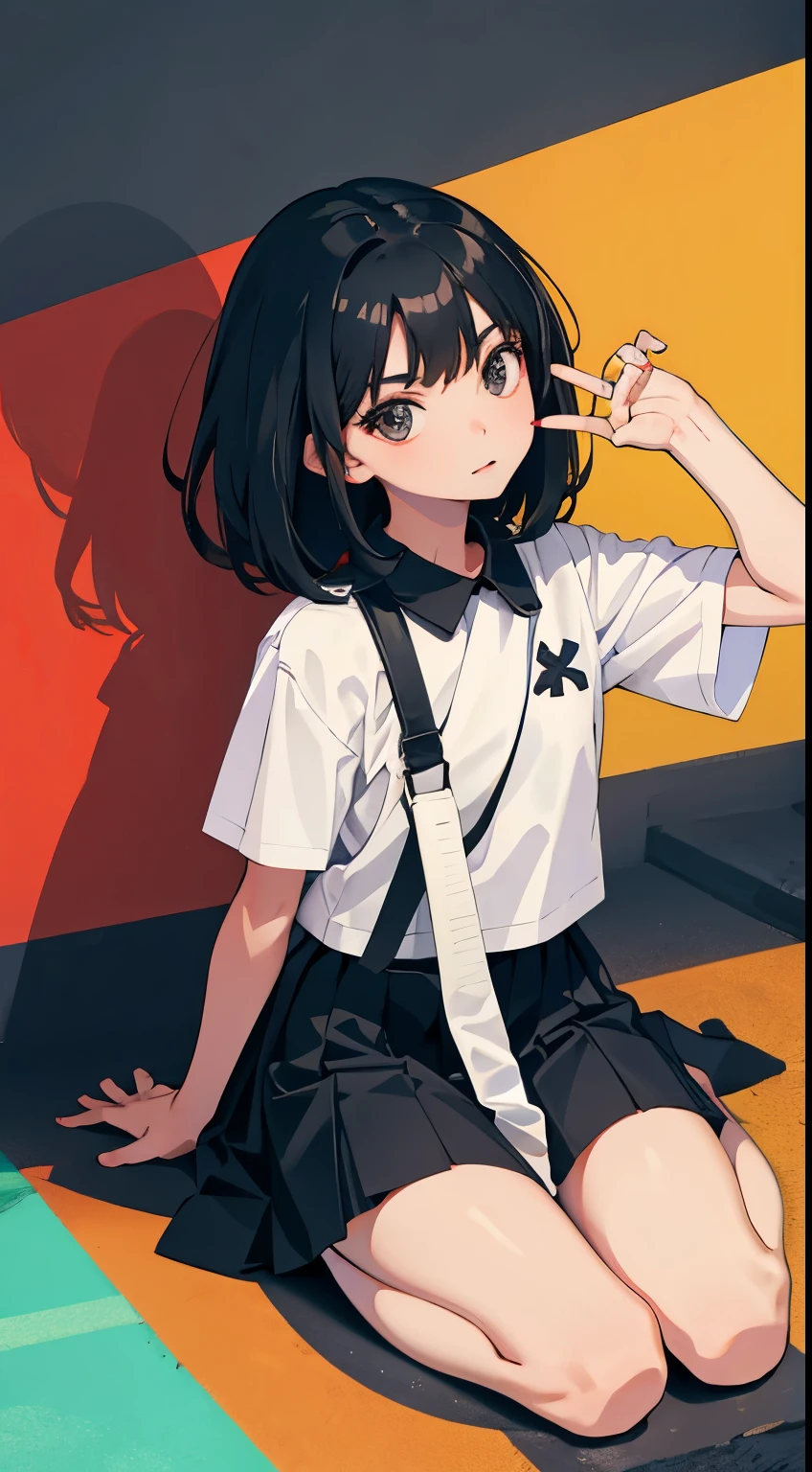 wariza,Put your hands between your legs,(),(masterpiece,Top quality),skirt,short sleeve,black hair