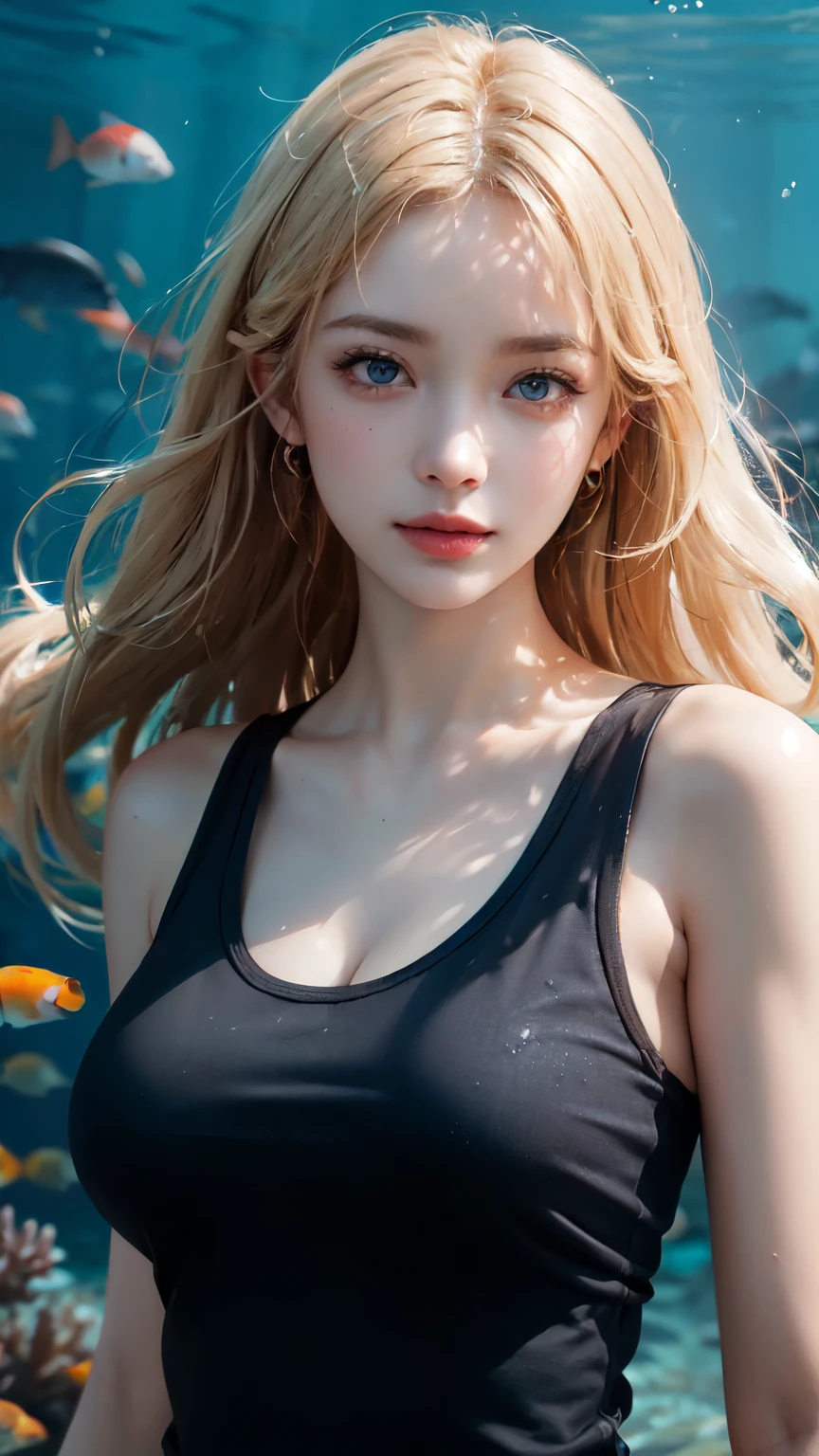 masterpiece, best quality, best shade, depth of field, Photorealism, Surreal, Realistic skin texture, Super detailed, 1 girl, solo, Suitable for the body, blond,Very long, long hair，curls，blue eyes， perfect face, Detailed face, looking at the audience, Smiling all over，underwater, (sleeveless t shirt），huge ，A shot full of tension（visual impact，赋予图像动态且visual impact的外观：1.2），aesthetic posture，（swim），Beautiful coral reef，close up，