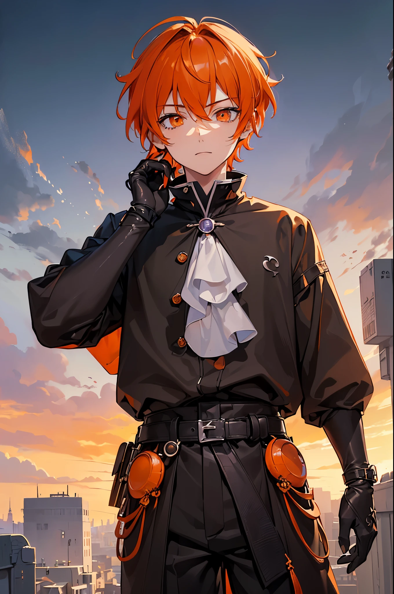 masterpiece, best quality, ((1boy)), (colorful), (finely detailed beautiful eyes and detailed face),cinematic lighting,body shot,extremely detailed CG unity 8k wallpaper, sky, cloudy_sky, building, moonlight, moon, night, (dark theme:1.3), light, fantasy, ((Pastel Orange Eyes)) (((Overcloak))) (((Orange Hair))) ((Mischievous)) ((Short Hair)) ((Charismatic)) ((Hunter x Hunter))