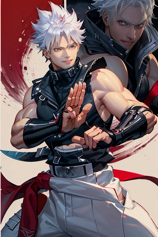 Two-dimensional, anime style, 1 man , solo, (male warrior), Chipp Zanuff, shinobi, slim body, correct proportions, face details, martial arts, white pants, sleeveless black jacket , , black tank top with turtleneck, black shoes, wearing sleeveless black gloves,wearing navy blue glasses, white spiky hairstyle, red eyes,light and shadow tracing, ray tracing, detail glow, CG rendering, hair details , lot of details, dojo environment, smiling joyfully, looking at the viewer, making his combat position, holding an arm blade 