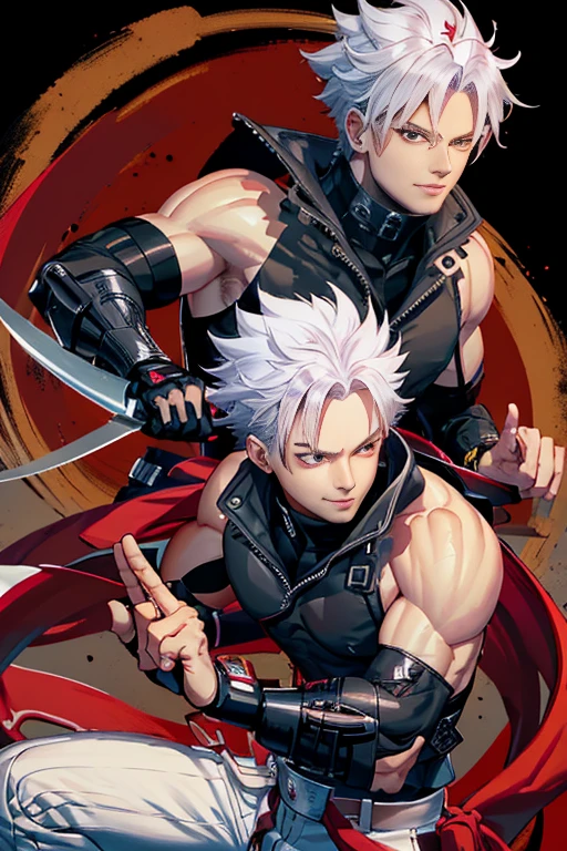 Two-dimensional, anime style, 1 man , solo, (male warrior), Chipp Zanuff, shinobi, slim body, correct proportions, face details, martial arts, white pants, sleeveless black jacket , , black tank top with turtleneck, black shoes, wearing sleeveless black gloves,wearing navy blue glasses, white spiky hairstyle, red eyes,light and shadow tracing, ray tracing, detail glow, CG rendering, hair details , lot of details, dojo environment, smiling joyfully, looking at the viewer, making his combat position, holding an arm blade 