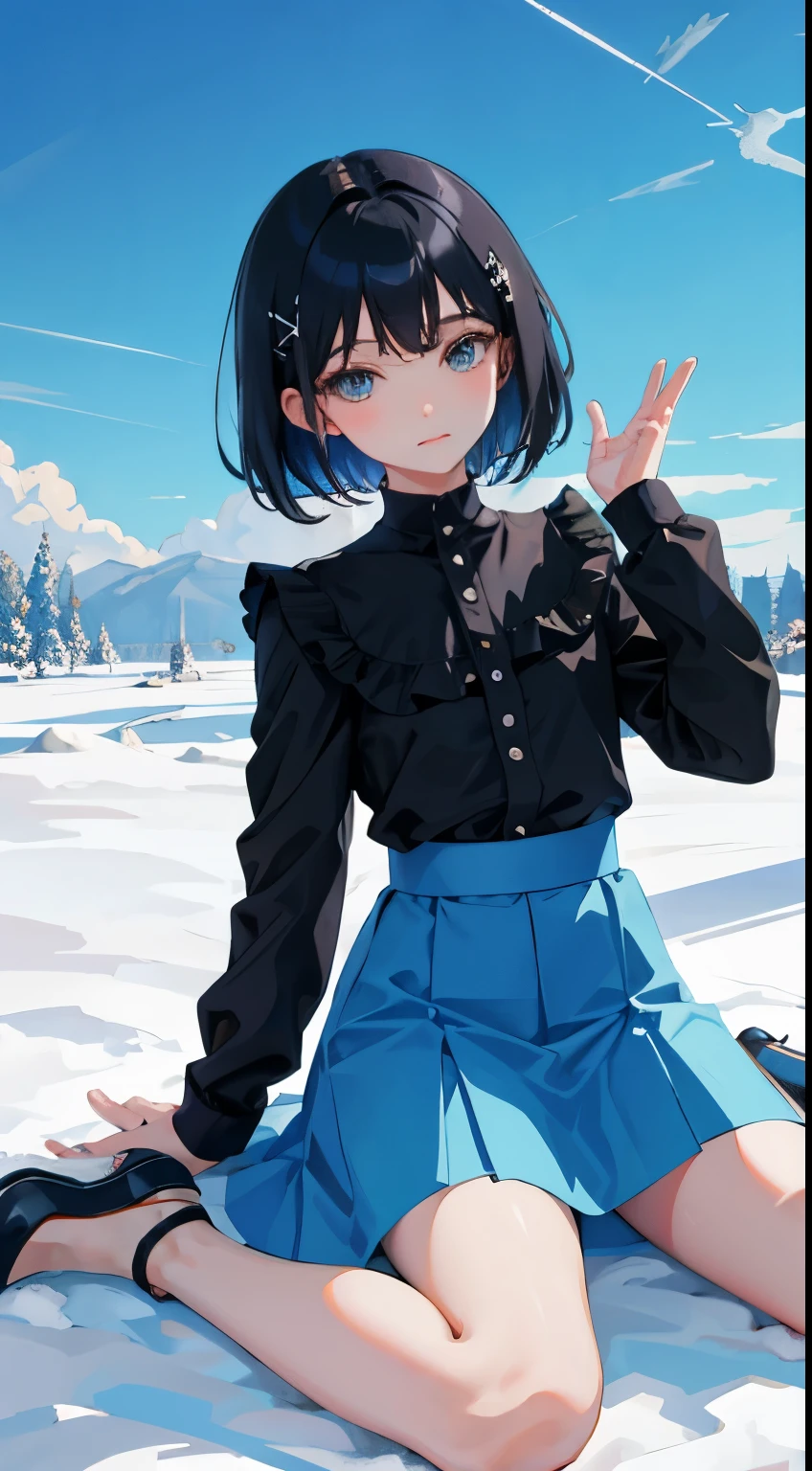 wariza，Put your hands between your legs，()，（masterpiece，Top quality)，Sky blue skirt，black hair，snowfield