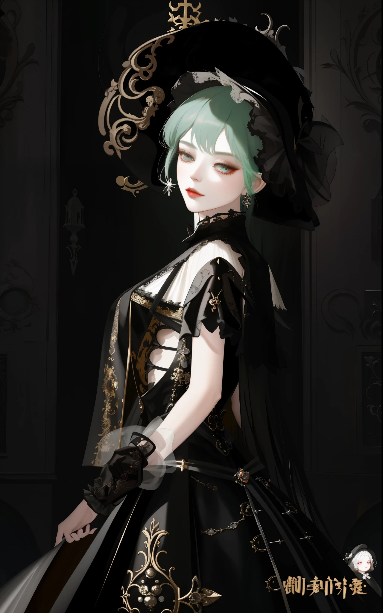 One is wearing a black skirt、woman wearing hat, classical witch, elegant digital art, Elegant Gothic princess, baroque figures, royal elegant pose, Gothic billionaire, inspired by Ray Caesar, Inspired by Shen Si Zheng, Baroque dress, guweiz style artwork, rococo queen, Cute Anqiu Princess