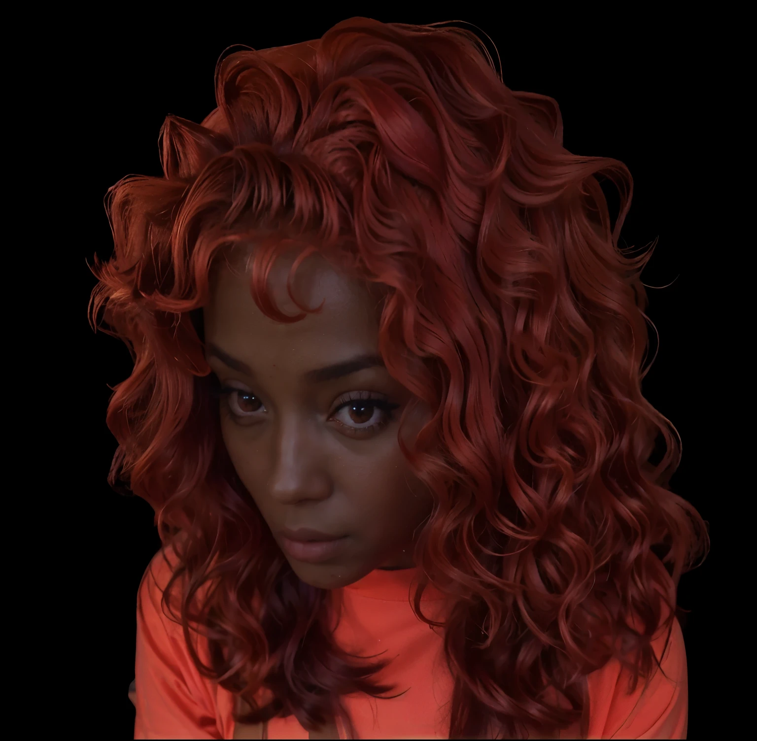 (melhor qualidade, 4k, 8k, high resolution, obra-prima: 1.2), ultradetalhado,(realista, fotorrealista, foto-realista: 1.37), mulher africana, camiseta vermelho-laranja, casaco vermelho, cabelo vermelho cacheado, olhos vermelhos, expressiva 