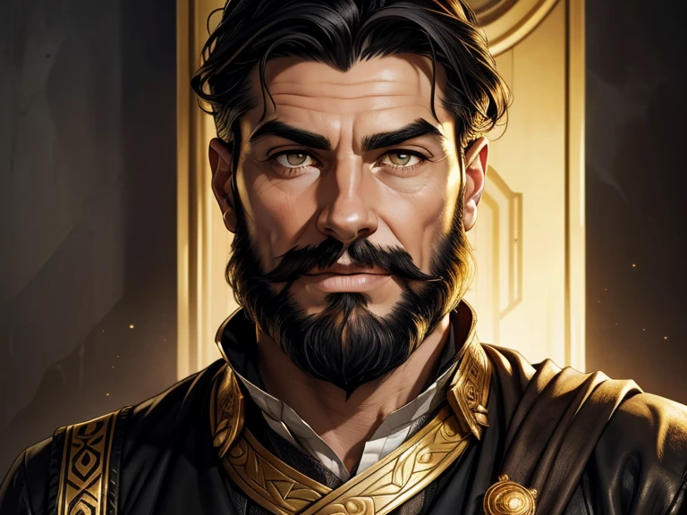masterpiece, best quality, realistic, 1man, mature male, quiet and charming young teen, 60 year old, a smirk, closed mouth, tan skin, portrait, extremely detailed face, cold and smirk, beard, ((dark gold eyes)), ((short-right-swept gray and black hair)), [thick eyebrows], dark palace, ((King)), dim light, evil, fire background