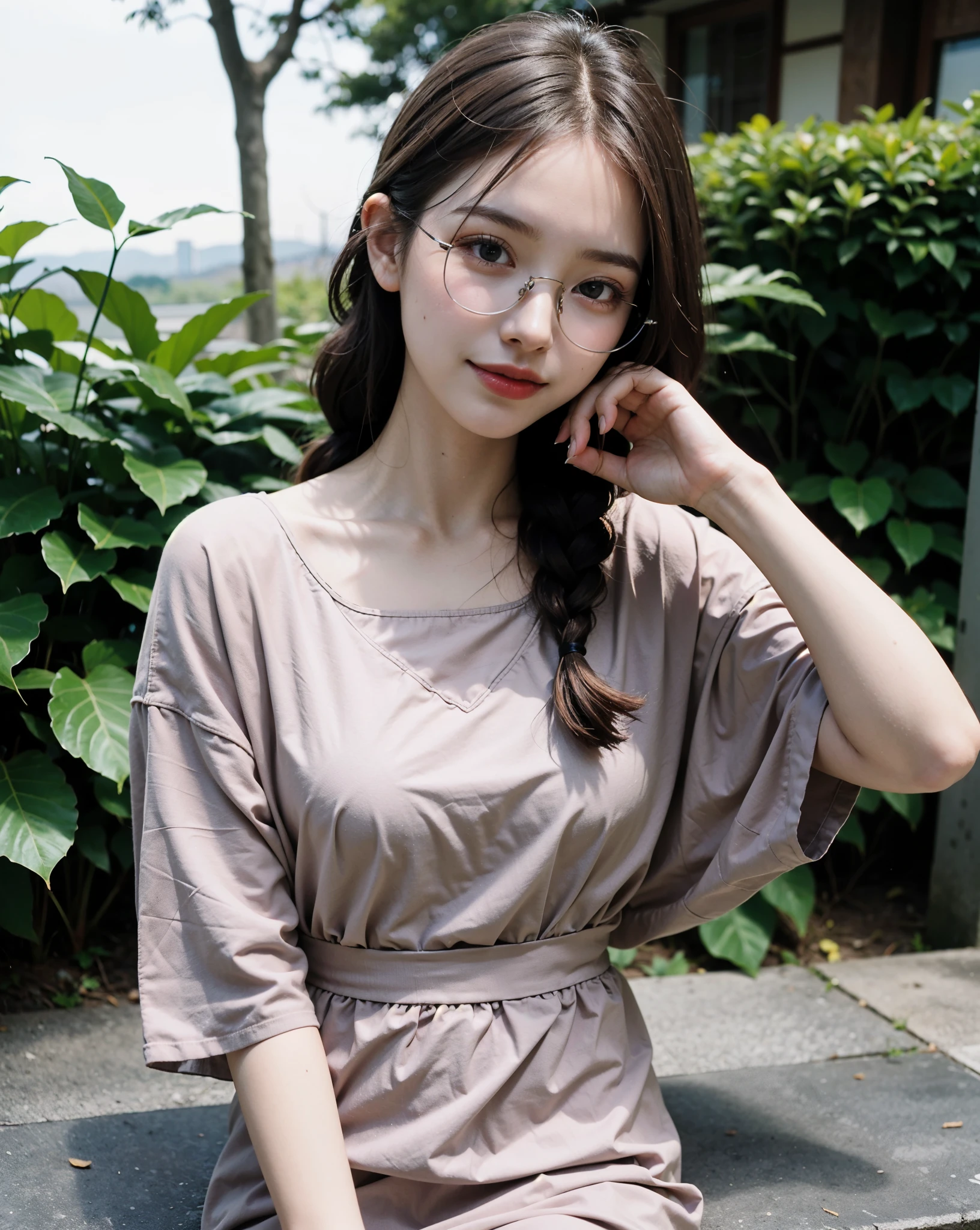 Top quality, one beautiful woman, 20 years old, 35mm lens, f/1, dark brown eyes, glasses, braids, black hair, pale skin, medium chest, slendar body  look at viewer, smile, Natural light,