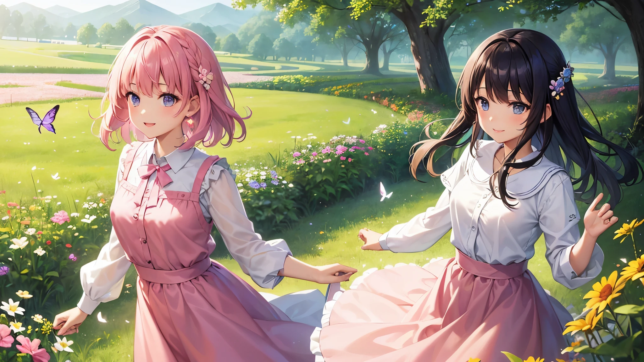 (highest quality、1.2、masterpiece:1.2)、Super detailed、real、HDR、UHD、professional、Portrait、fine art、anime、concept artist、colorful、()、bob haircut、medium long hair、pink hair、sweet smile、((nipple))、beauty of nature、Surrounded by wildflowers in a meadow、enjoying the warm sunshine、A breeze rustling the air、adorable hair accessories、white shirt、pink skirt、playful atmosphere、Butterflies and birds fluttering around her、add a little whimsy