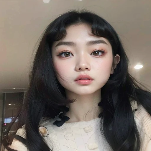 um close up de uma mulher com longos cabelos pretos usando um vestido preto, young cute wan asian face, Southeast Asian with round face, Ulzzang, asian face, asian features, pale round face, Xisionwu, Xintong Chen, garota cara fofa, beautiful aesthetic face, korean symmetrical face, 🤤 retrato de , coreana