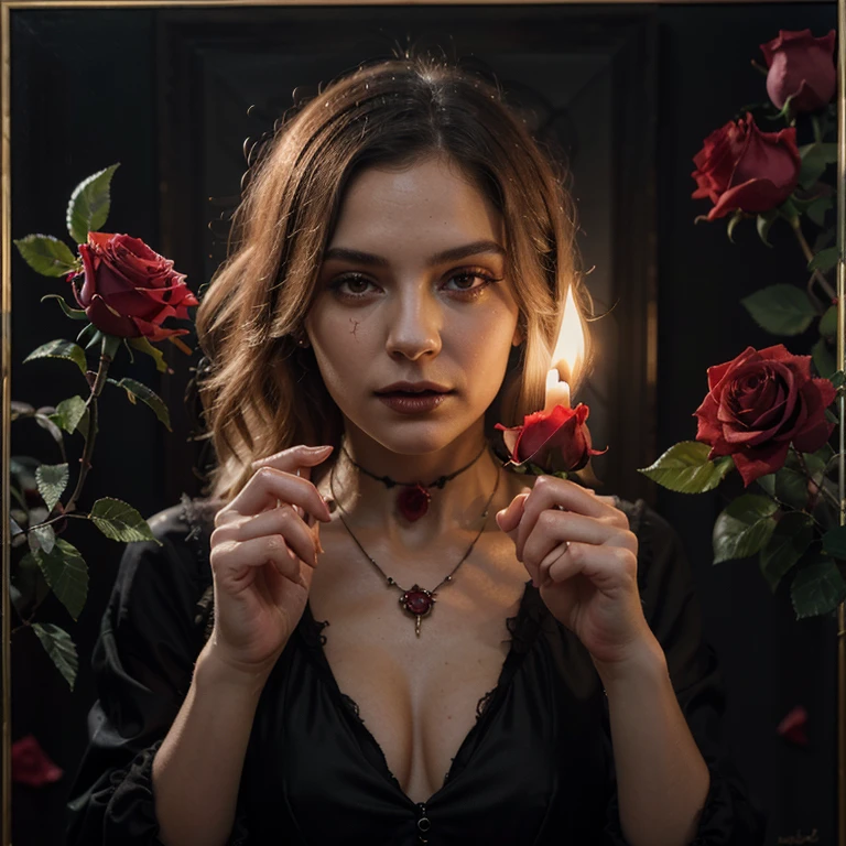 (highres, oil painting:1.2), vibrant dark, gothic style, detailed blood, small flame, fading rose petals, centered, white woman's hand holding a red rose